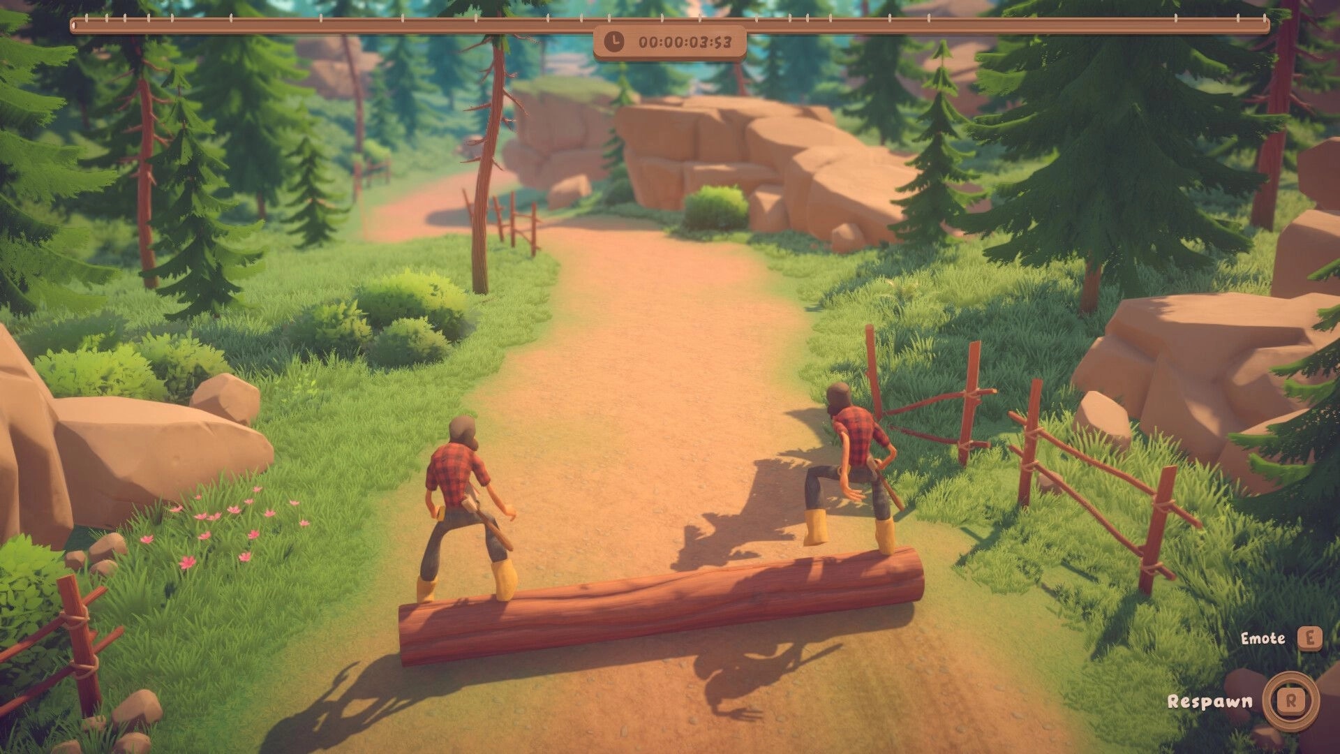 Log Riders: Two lumberjacks balancing on a rolling log along a forest dirt path with timer UI.