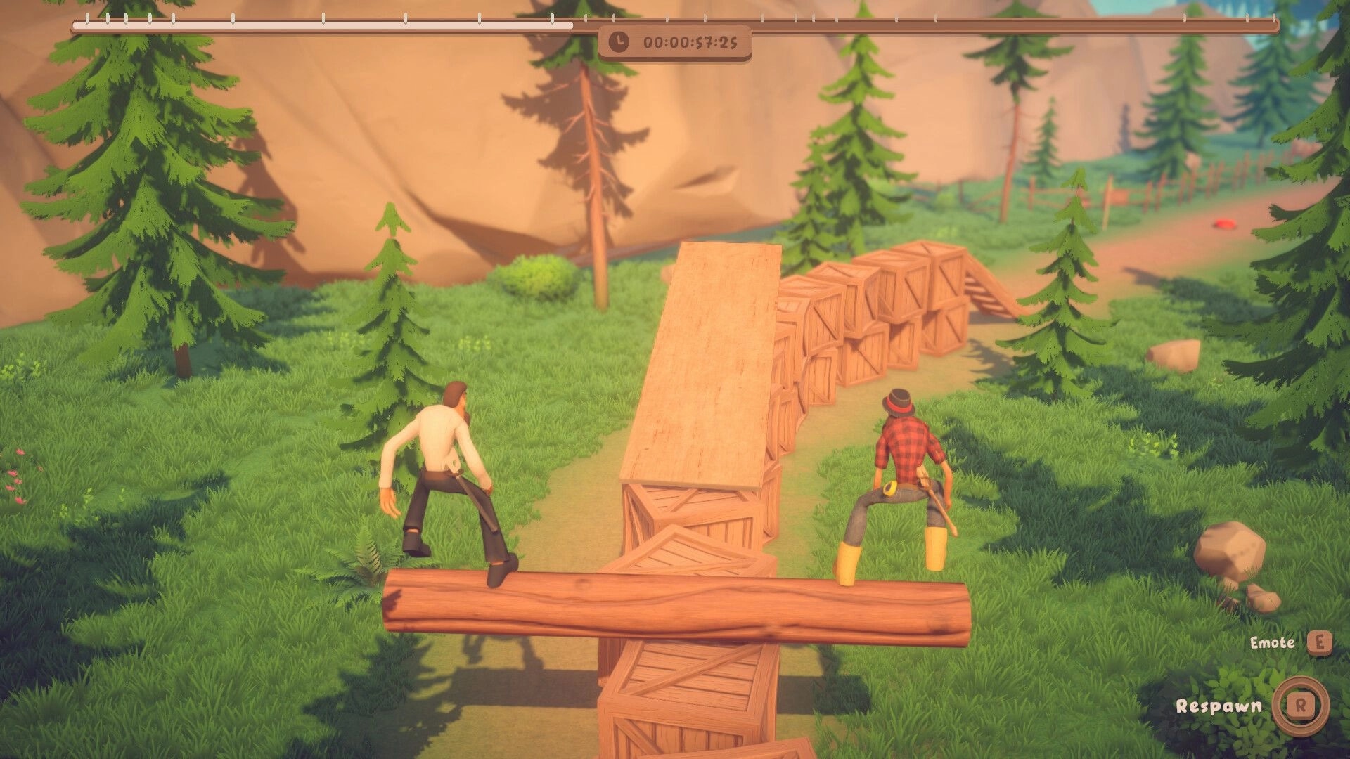 Log Riders: Two lumberjacks balance on a rolling log toward a crate ramp in a pine forest path.