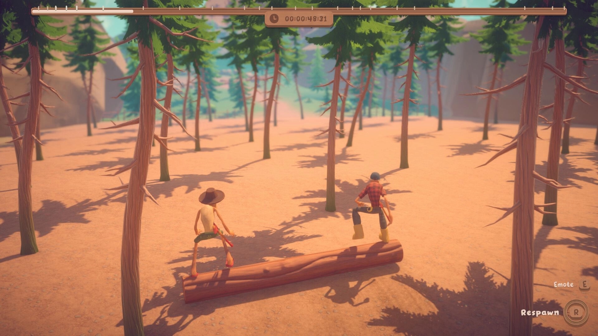 Log Riders: Two lumberjacks balance on a rolling log with timer UI in a sparse pine forest clearing.