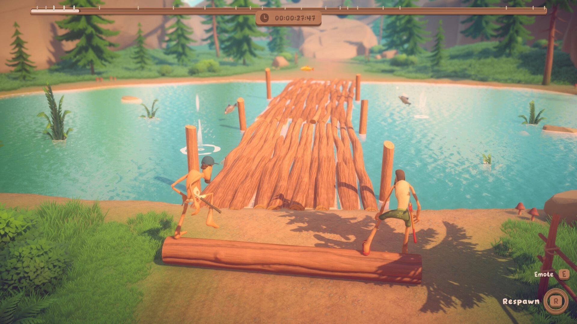 Log Riders: Two lumberjacks balance on a rolling log toward a raft bridge over a forest lake level.