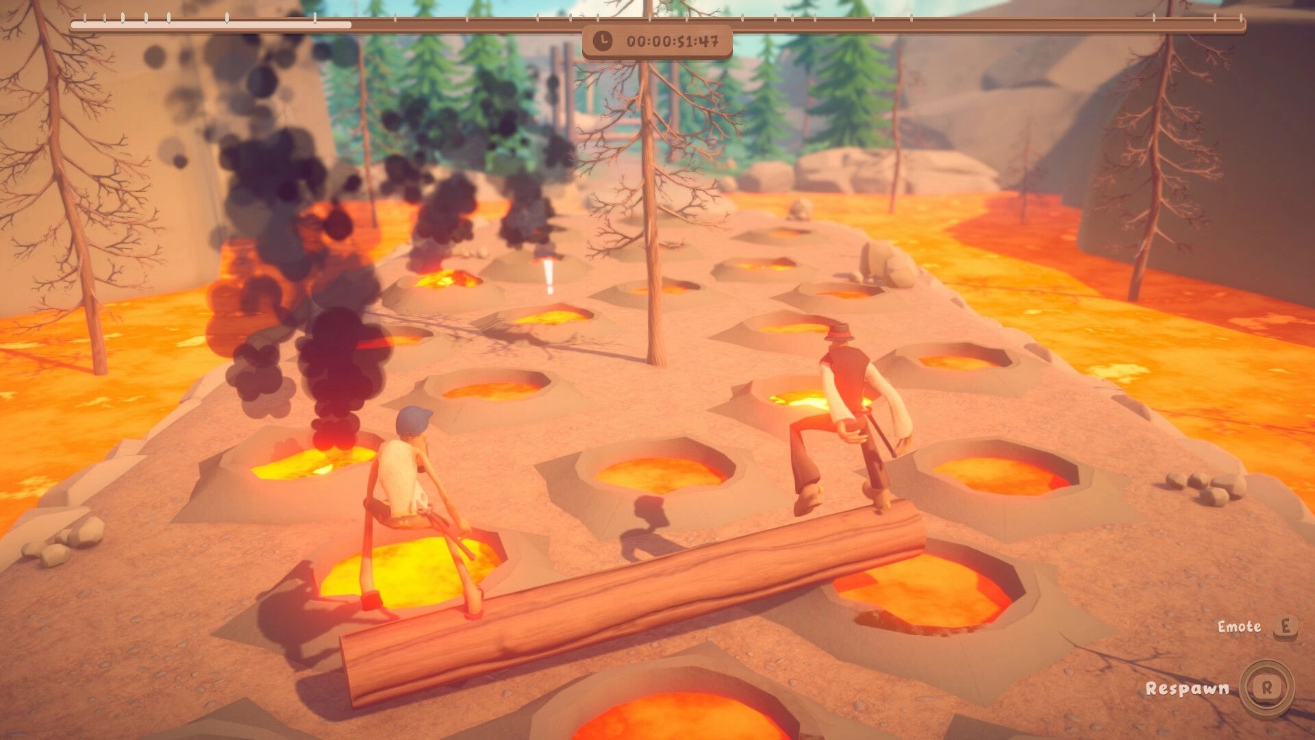 Log Riders: Two lumberjacks balance on a rolling log over lava craters in a smoky volcanic canyon.