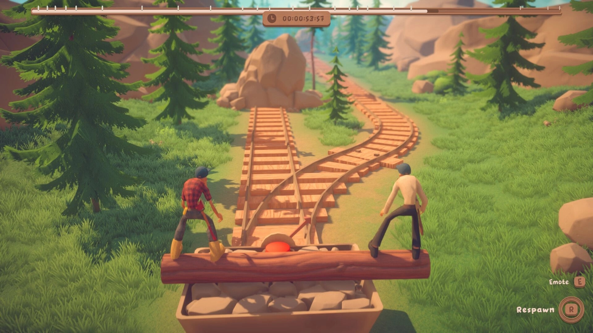 Log Riders: Two lumberjacks balance on a log over rail tracks in a pine forest with timer UI above.