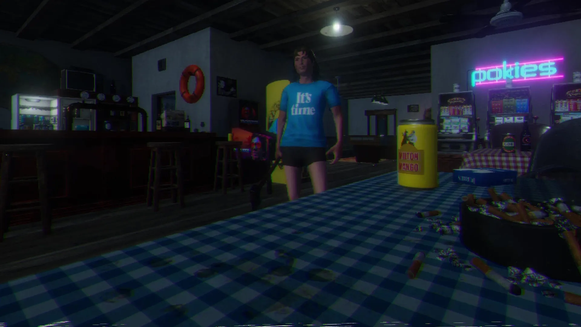 Loggerhead: Character stands in dimly lit bar with pokies and scattered cigarettes on table, 1980s vibe.