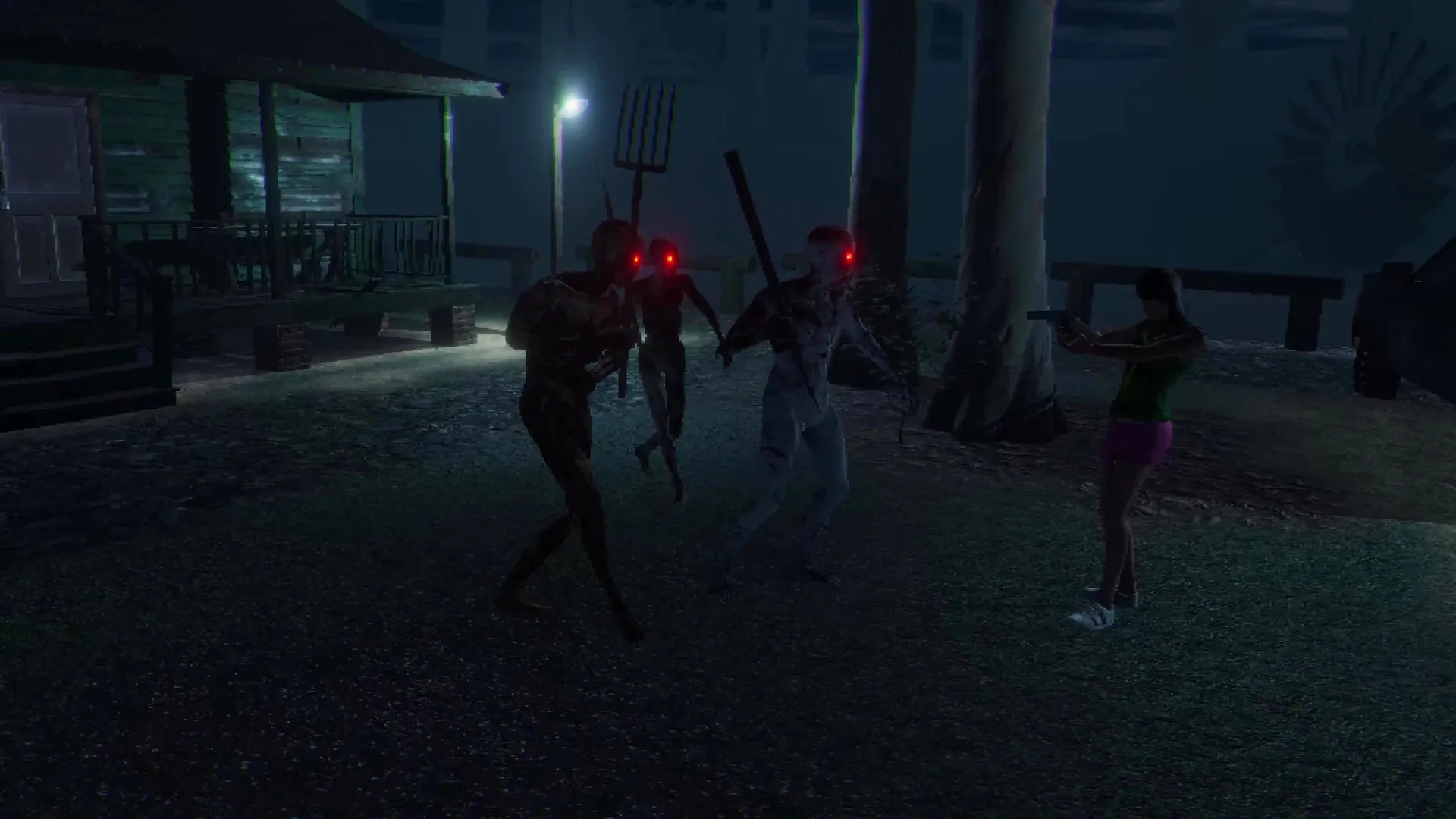 Loggerhead: Player character aims gun at approaching red-eyed enemies near cabin in dark forest setting