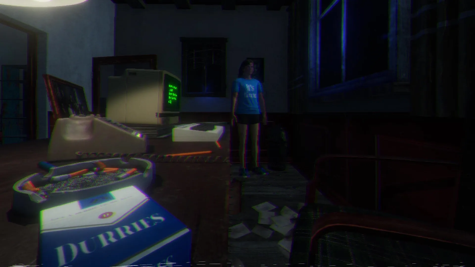Loggerhead: Character stands by window in dimly lit room with vintage computer and ashtray on desk