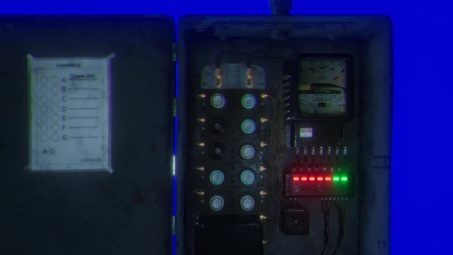 Loggerhead: Electrical panel puzzle with lights and switches in a dimly lit industrial environment