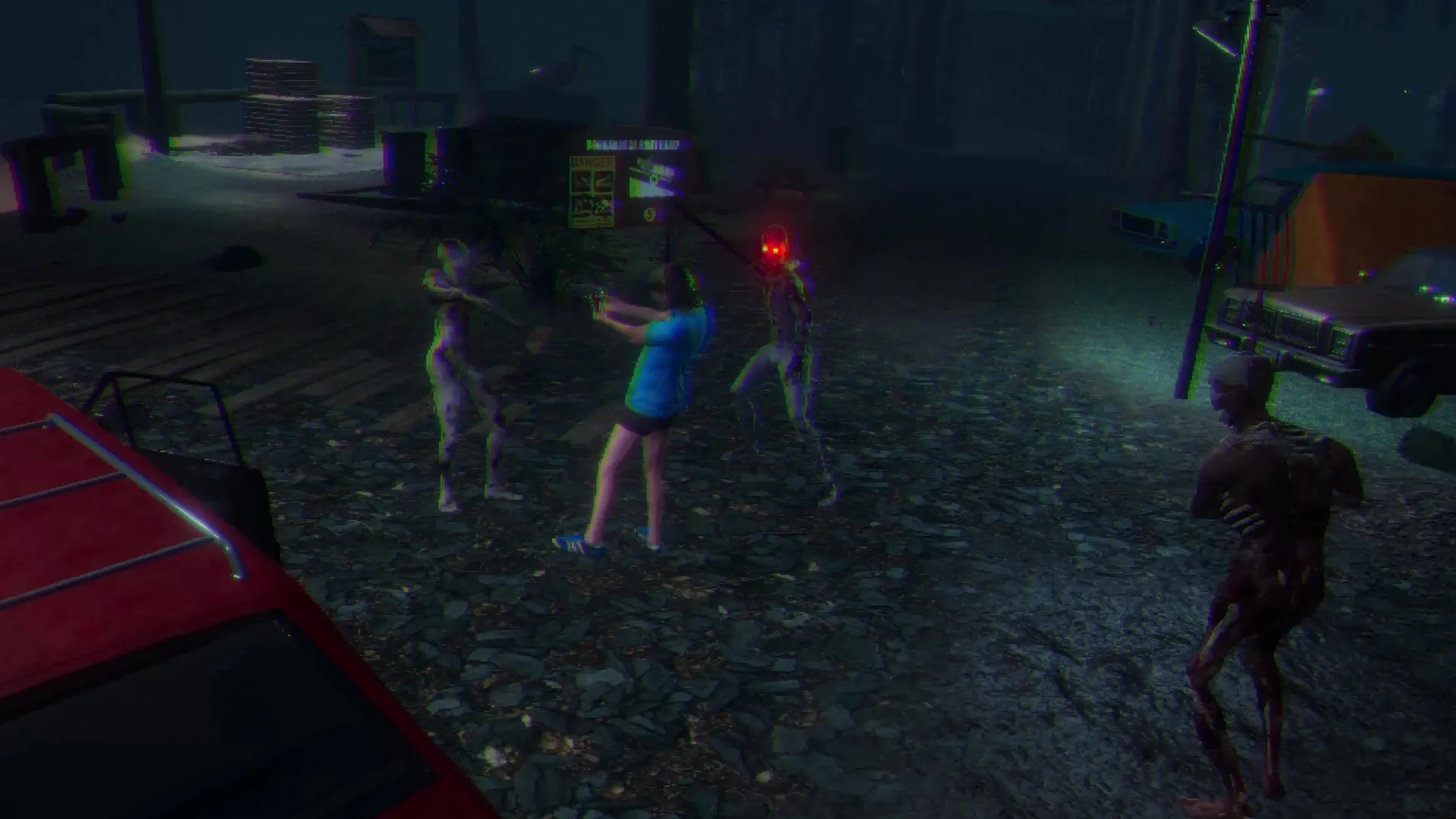 Loggerhead: Player character fends off three eerie creatures on a dimly lit, desolate campground road.