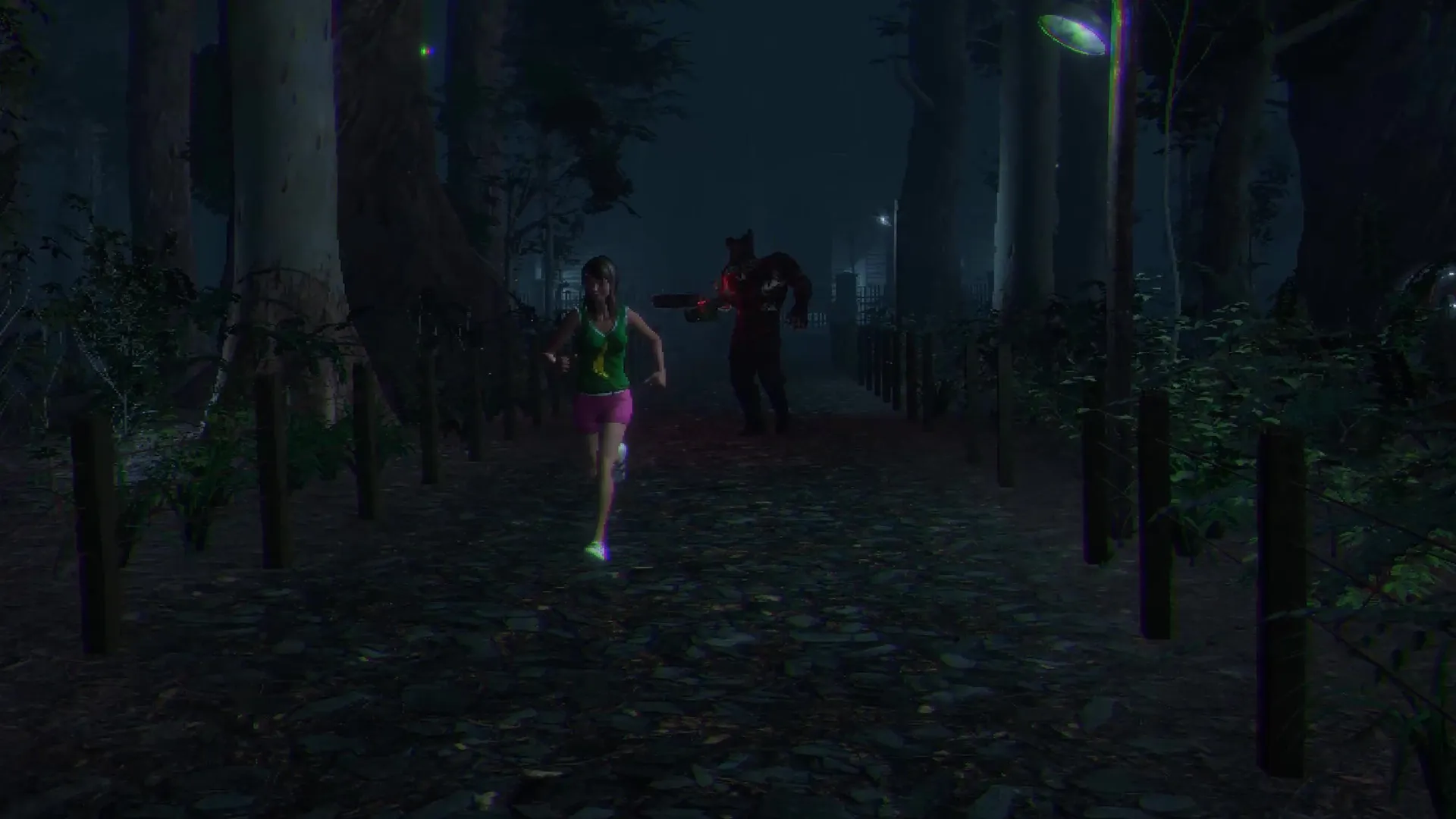 Loggerhead: Character running from chainsaw-wielding pursuer on dark forest path at night.