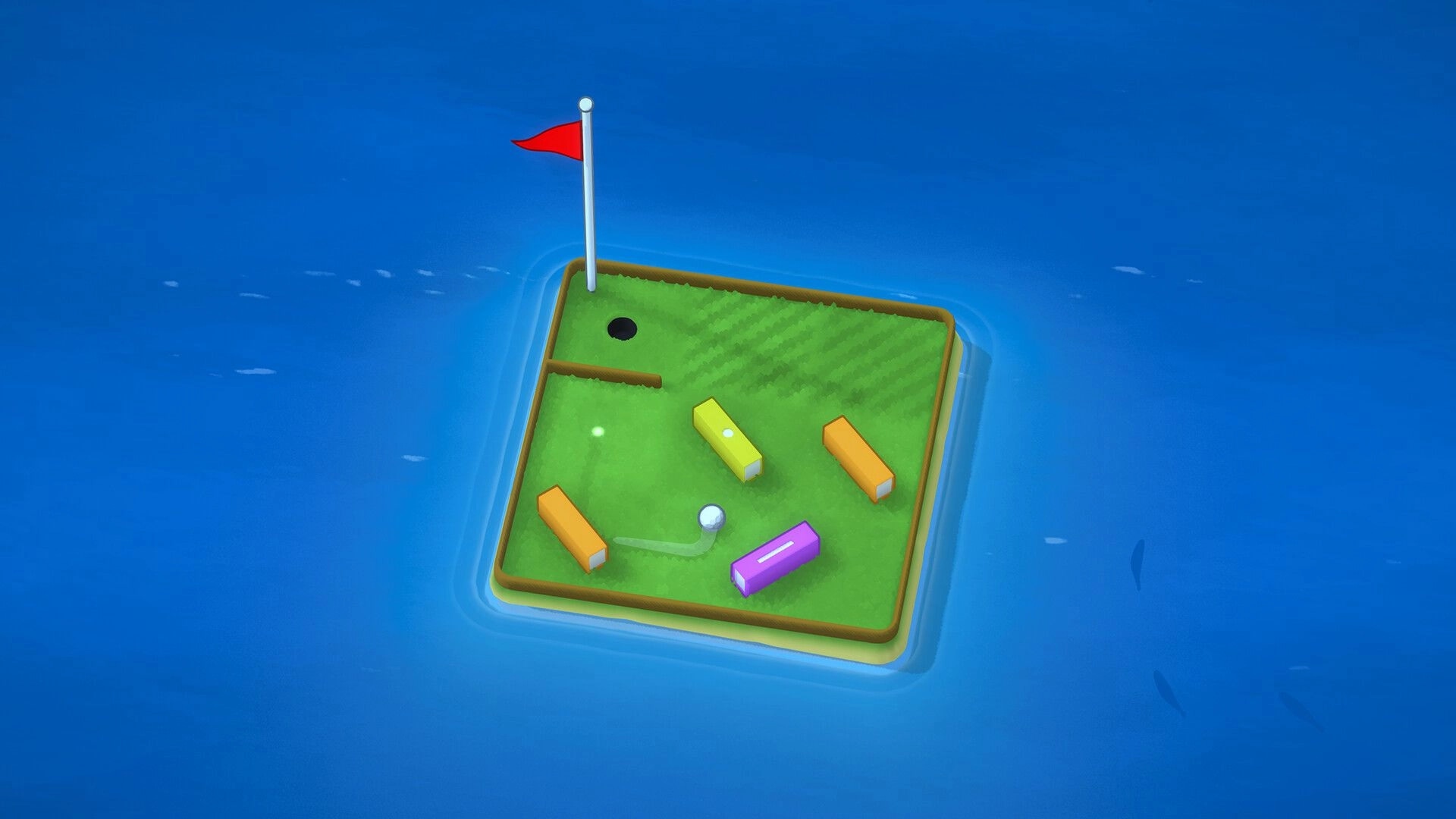 LogiGolf: Golf ball aimed past colored wall blocks toward hole on tiny grassy island in blue sea.