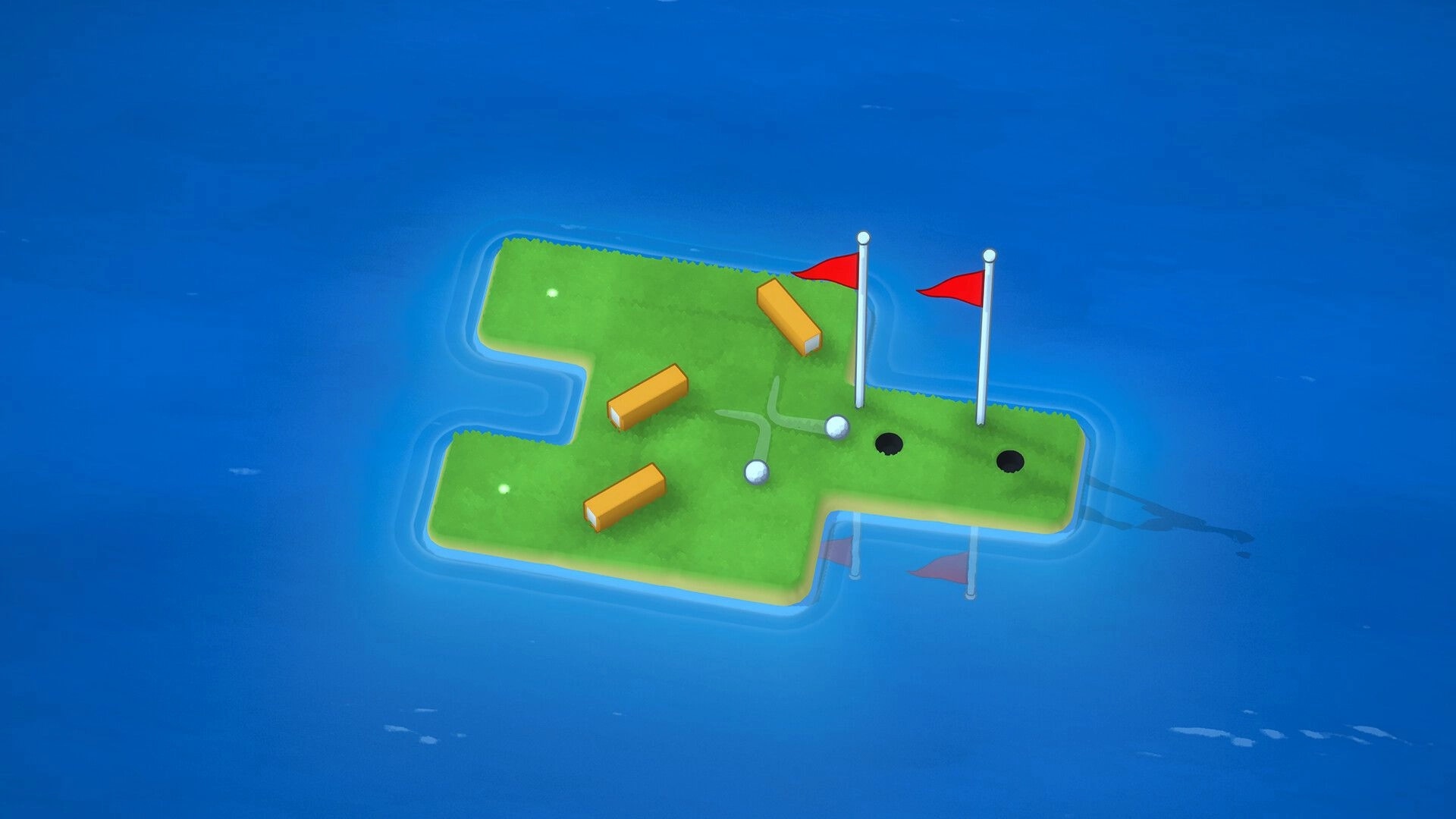 LogiGolf: Two golf balls and three wooden walls near twin flag poles on a small grassy island.