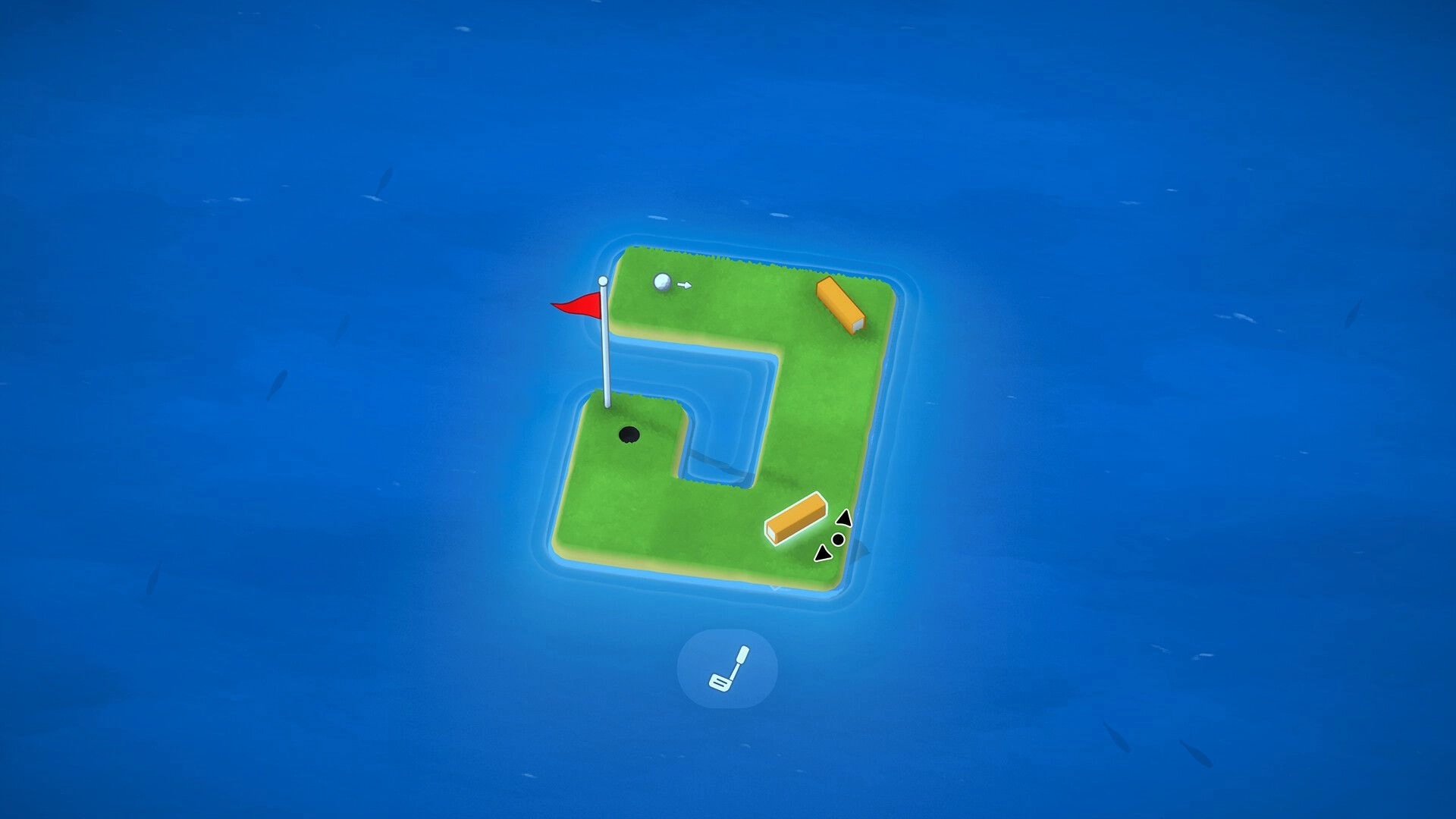 LogiGolf: L-shaped island hole with ball, flag, and movable wall blocks on a blue ocean course.
