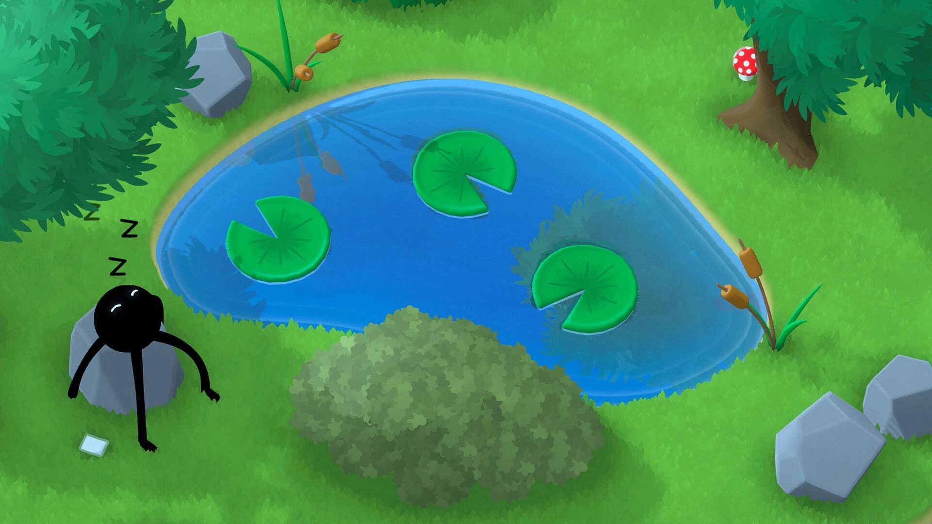 LogiGolf: Sleepy black blob character by a pond with lily pads, rocks, reeds, and trees nearby.