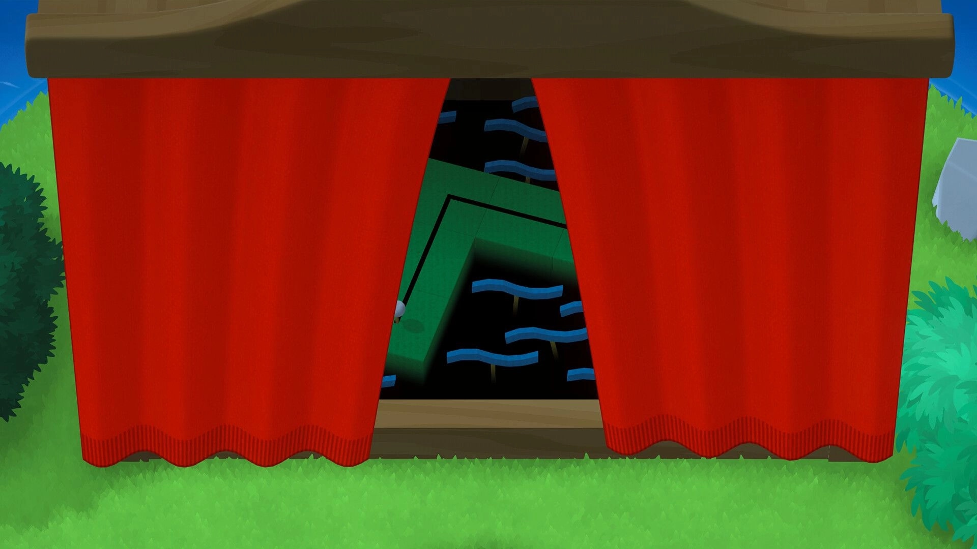 LogiGolf: Looking through red curtains at a mini-golf green with blue bumpers and dark pits outdoors.