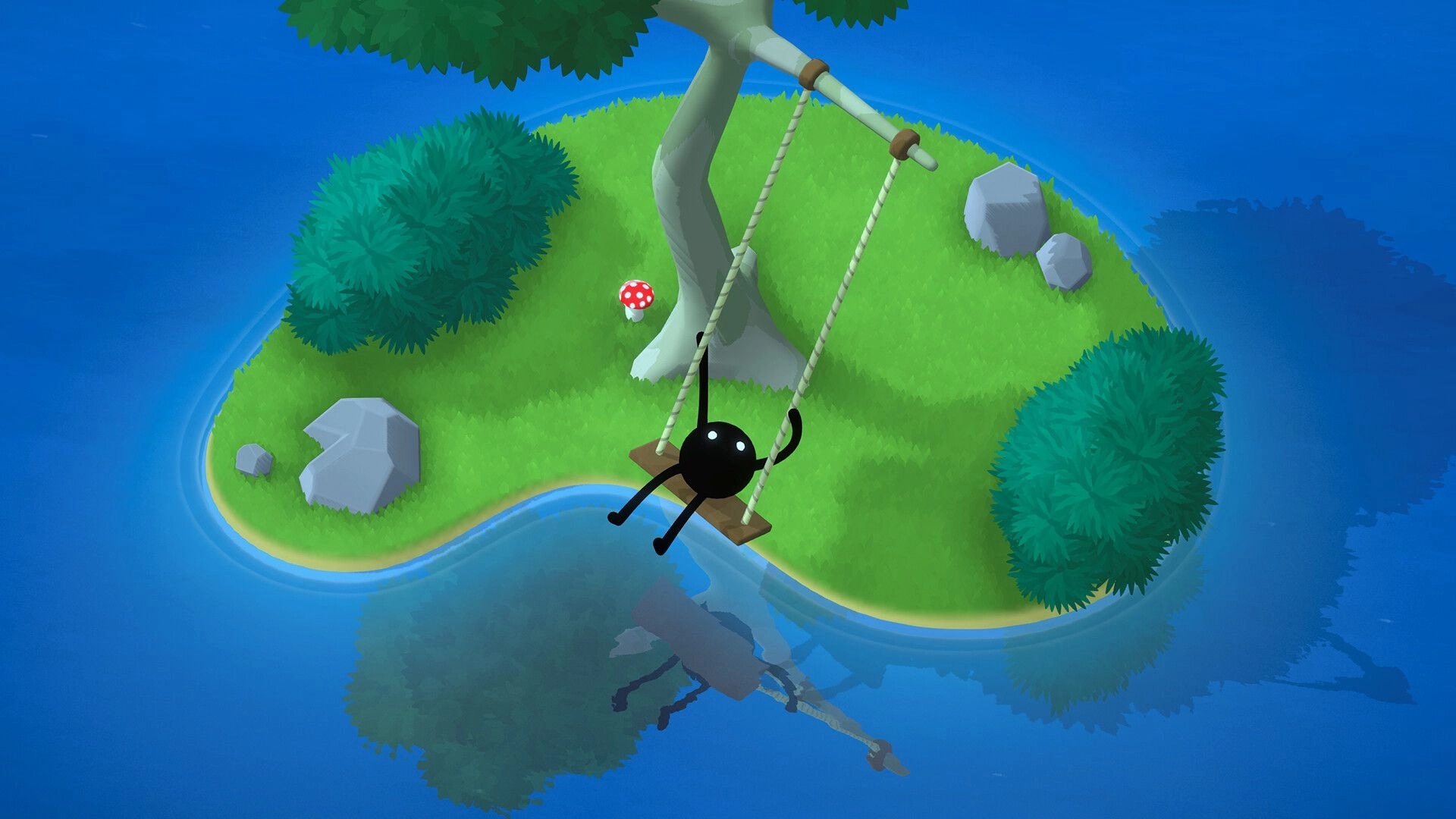 LogiGolf: Black ball character on a rope swing beside a tree on a tiny grassy island in blue water.