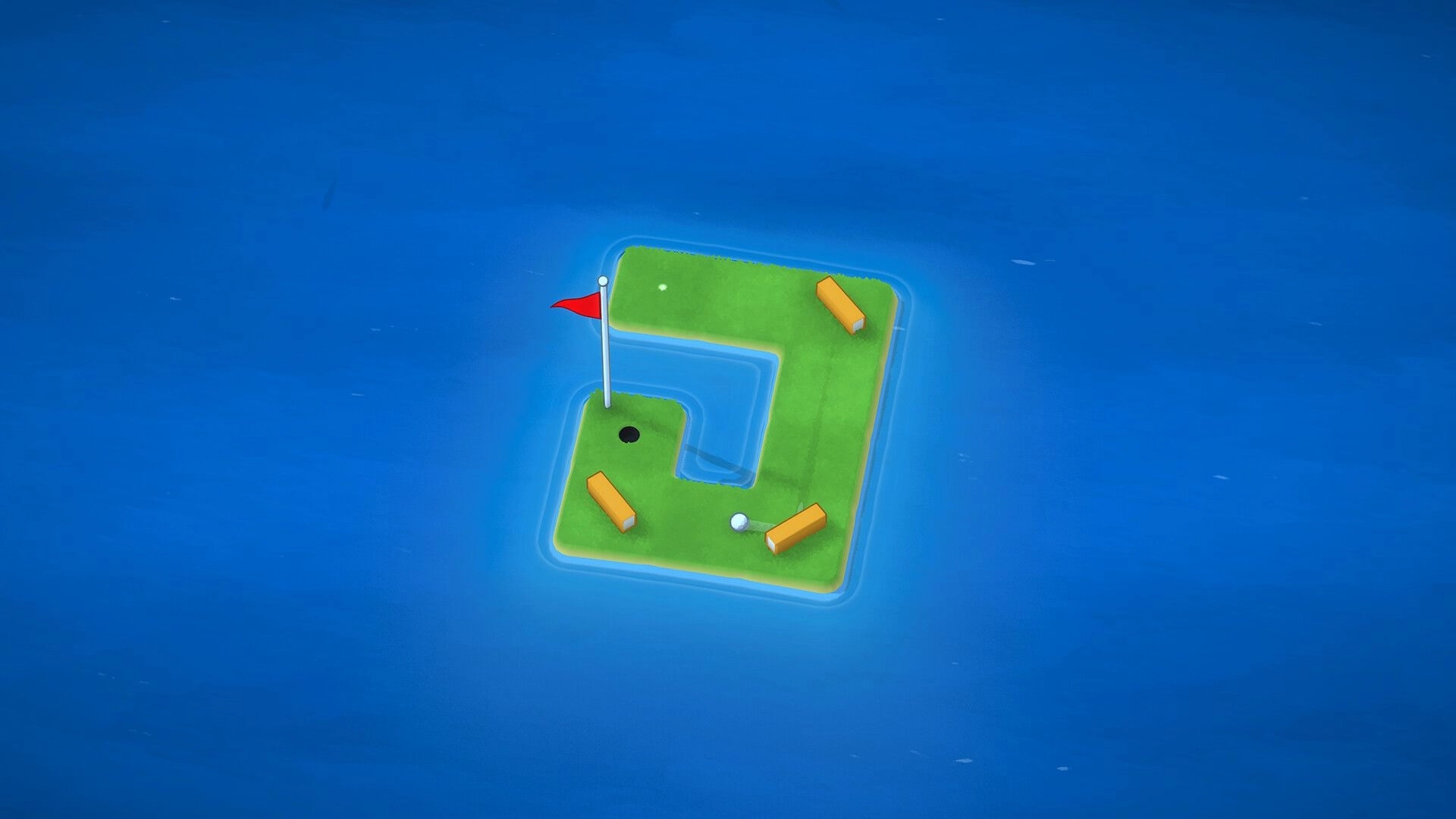 LogiGolf: Golf ball near wooden walls aiming for flag and hole on a small island course in blue sea.