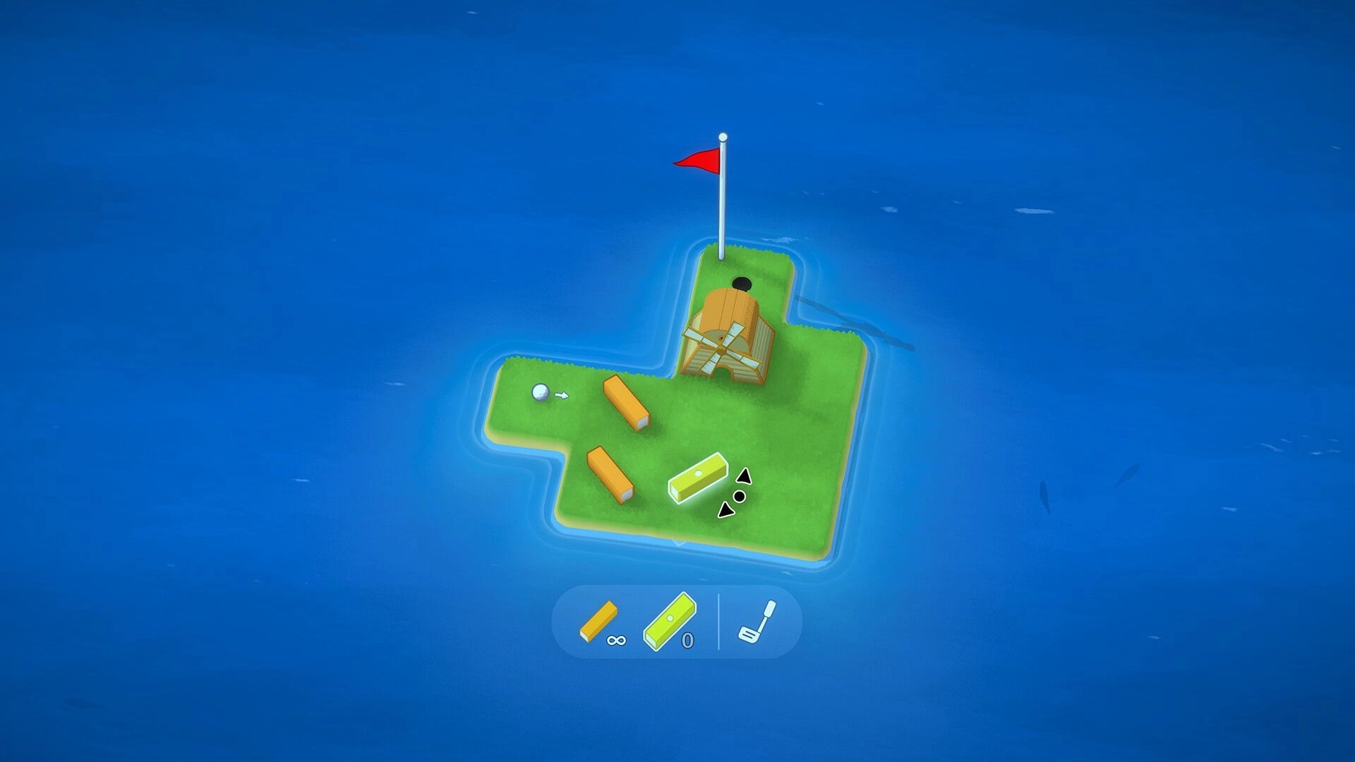 LogiGolf: Placing yellow wall blocks to guide a ball on a tiny island course in blue ocean.