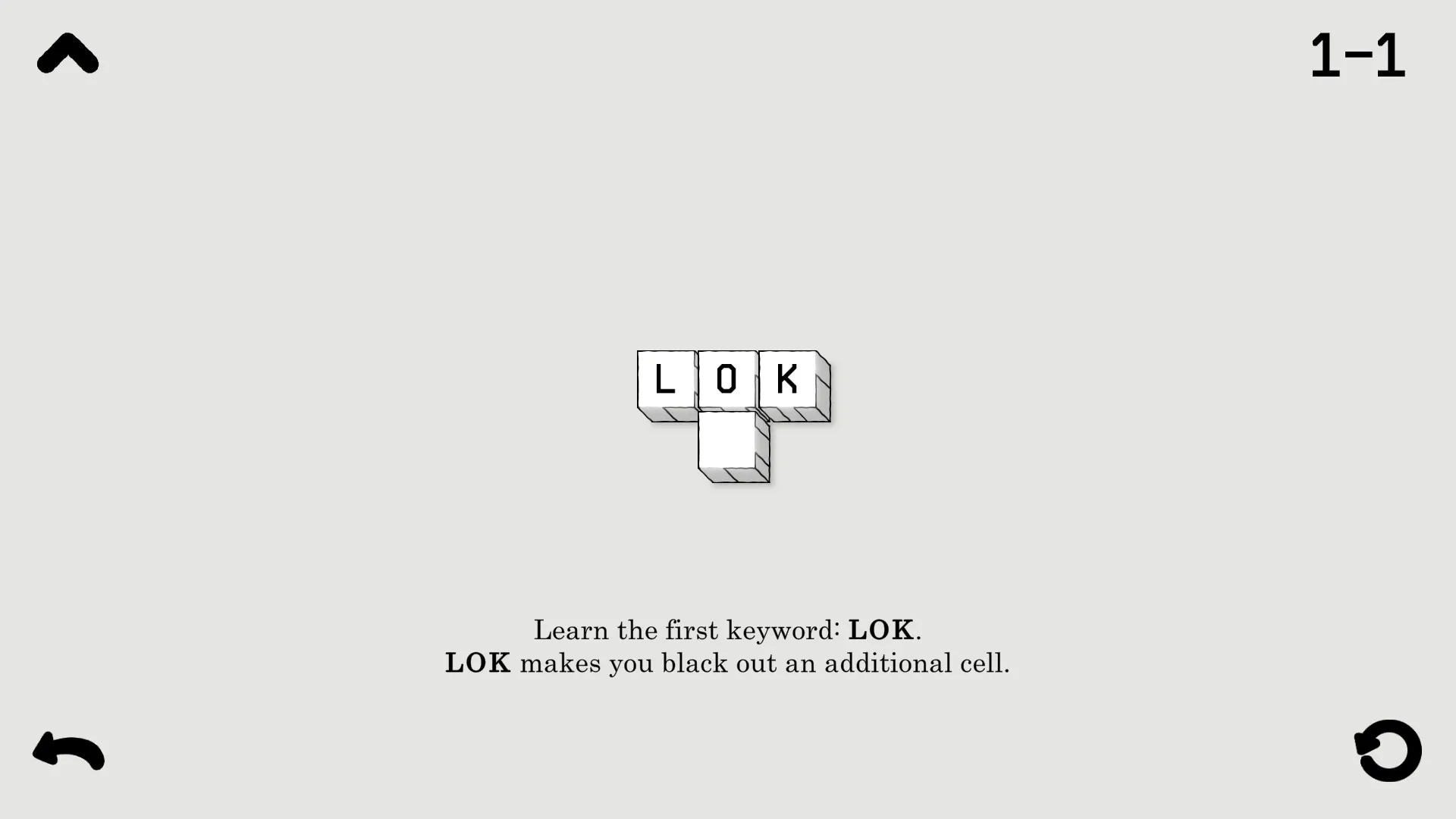 LOK Digital: Tutorial screen with keyword "LOK" and instructions on its effect in a minimalistic style.