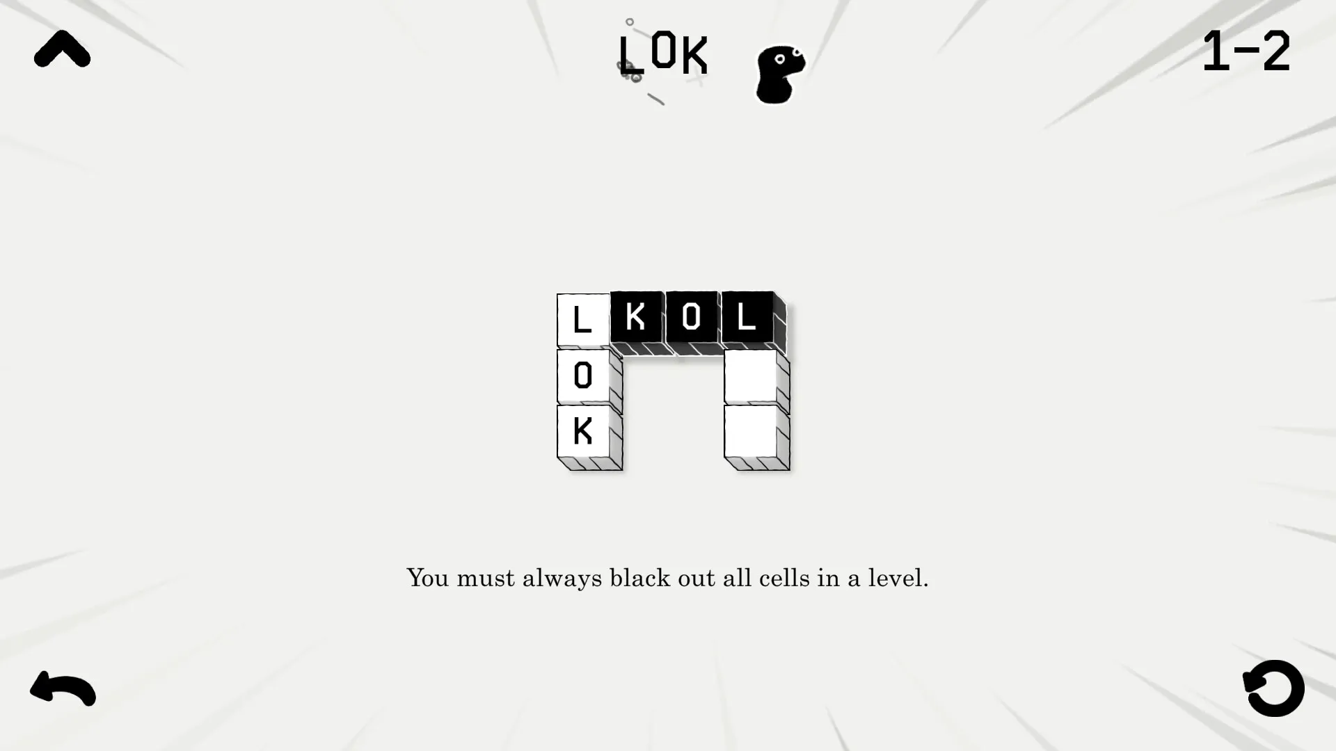 LOK Digital: Block puzzle with letters in black and white, text hint below, simple white background