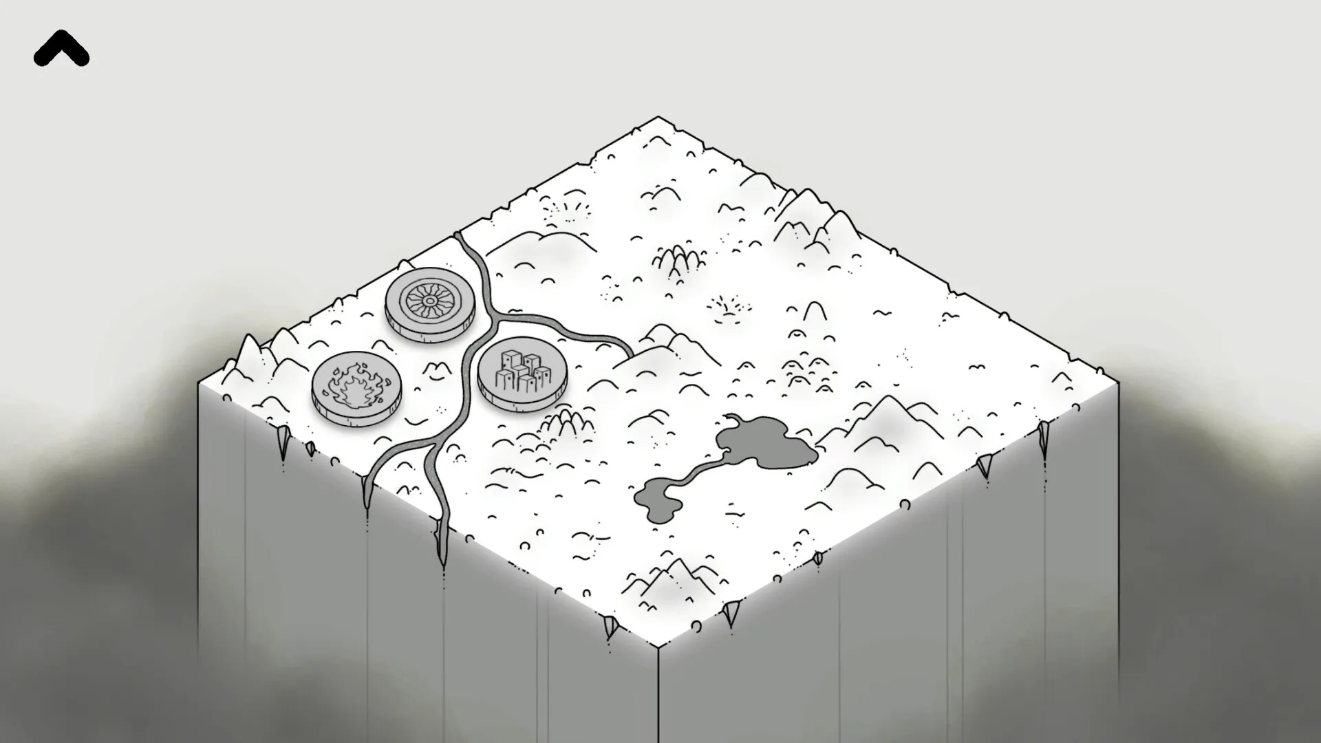 LOK Digital: Isometric map view showing pathways, two circular icons, and a pond amidst mountains