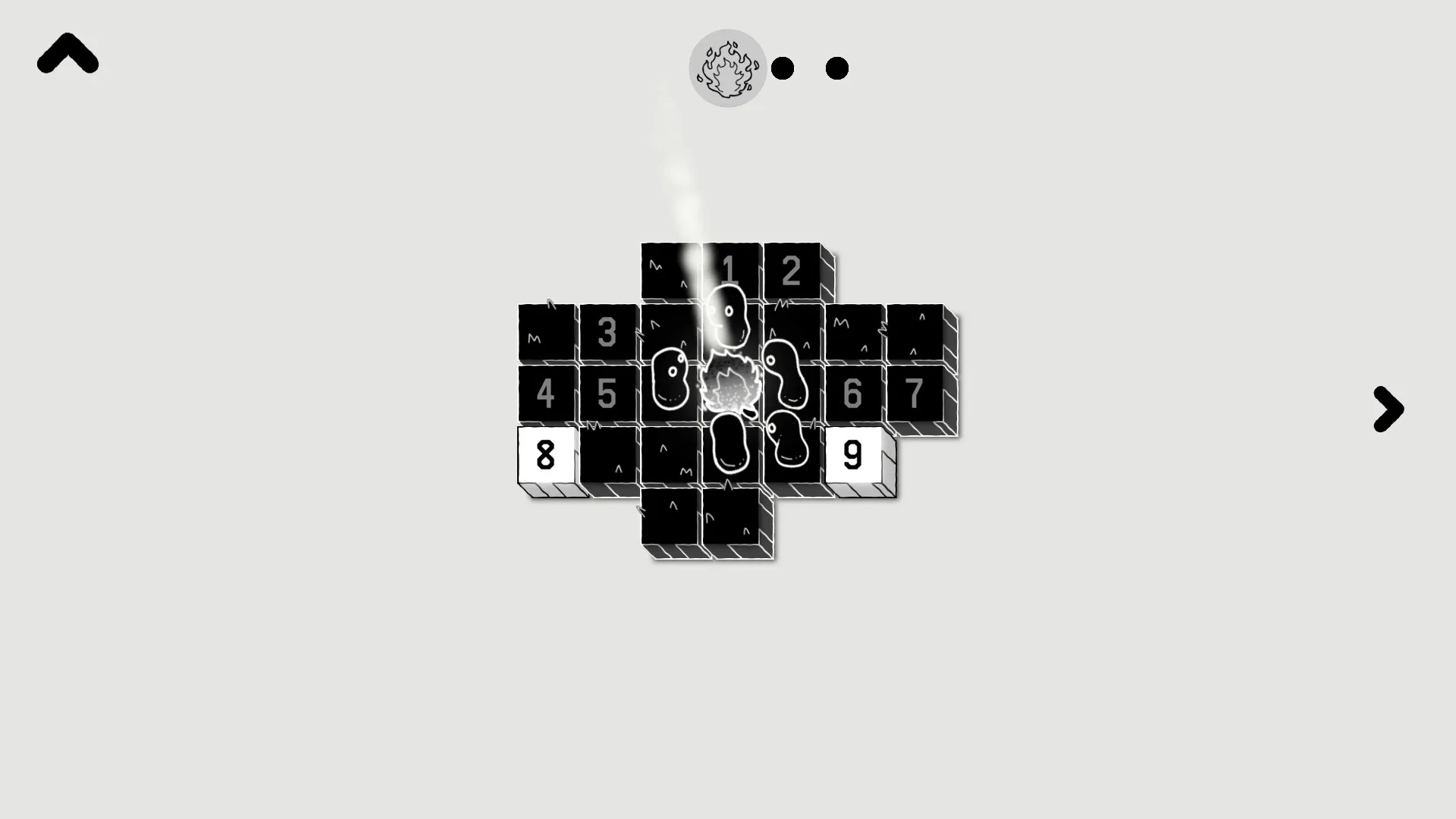 LOK Digital: Puzzle grid with numbered tiles and LOK creatures interacting in a monochrome environment