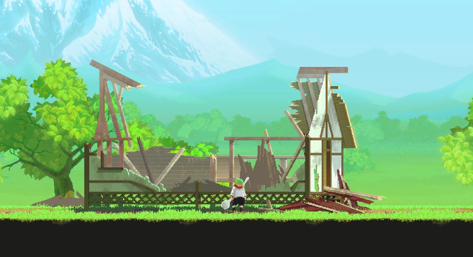 Lone Chef: Player stands by a ruined wooden structure in a lush forest with mountains in the distance