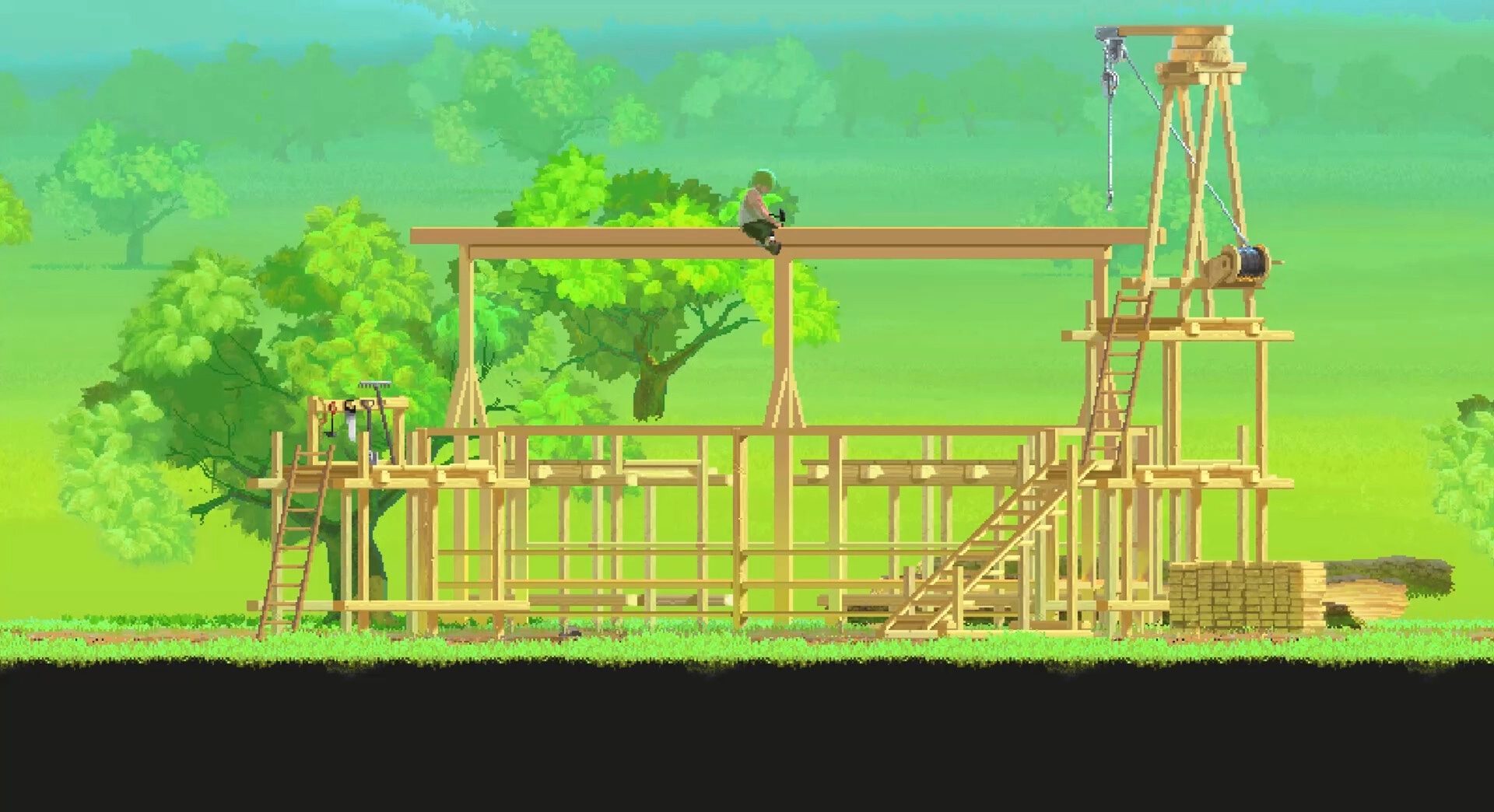 Lone Chef: Character sits atop wooden structure in lush green forest environment