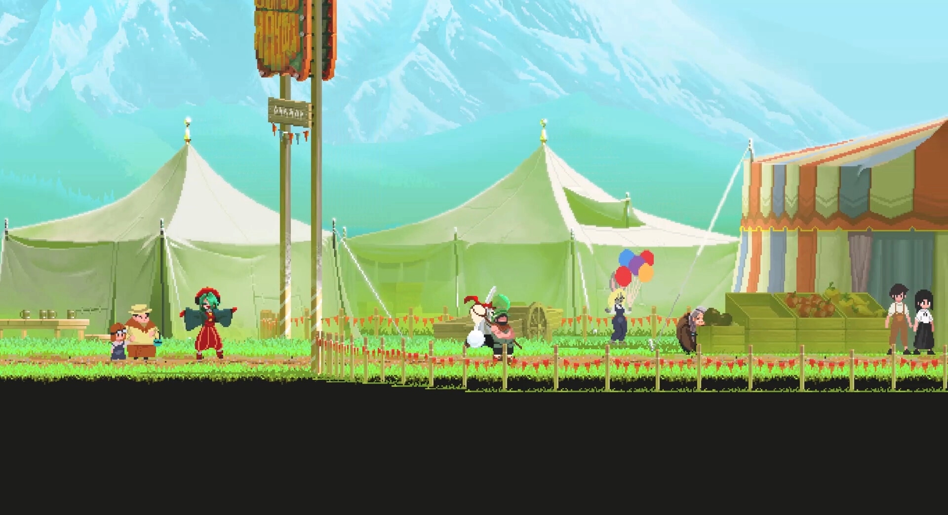 Lone Chef: Market scene with tents, diverse characters interacting, and colorful balloons in the village