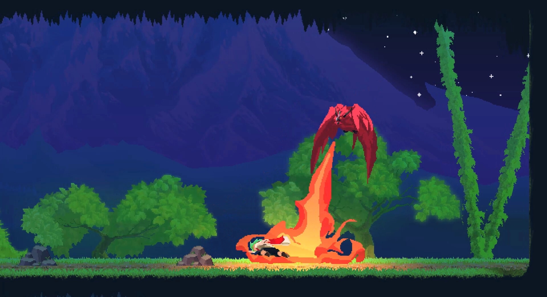 Lone Chef: Player dodging fire breath from a flying red dragon in a lush, nighttime forest setting