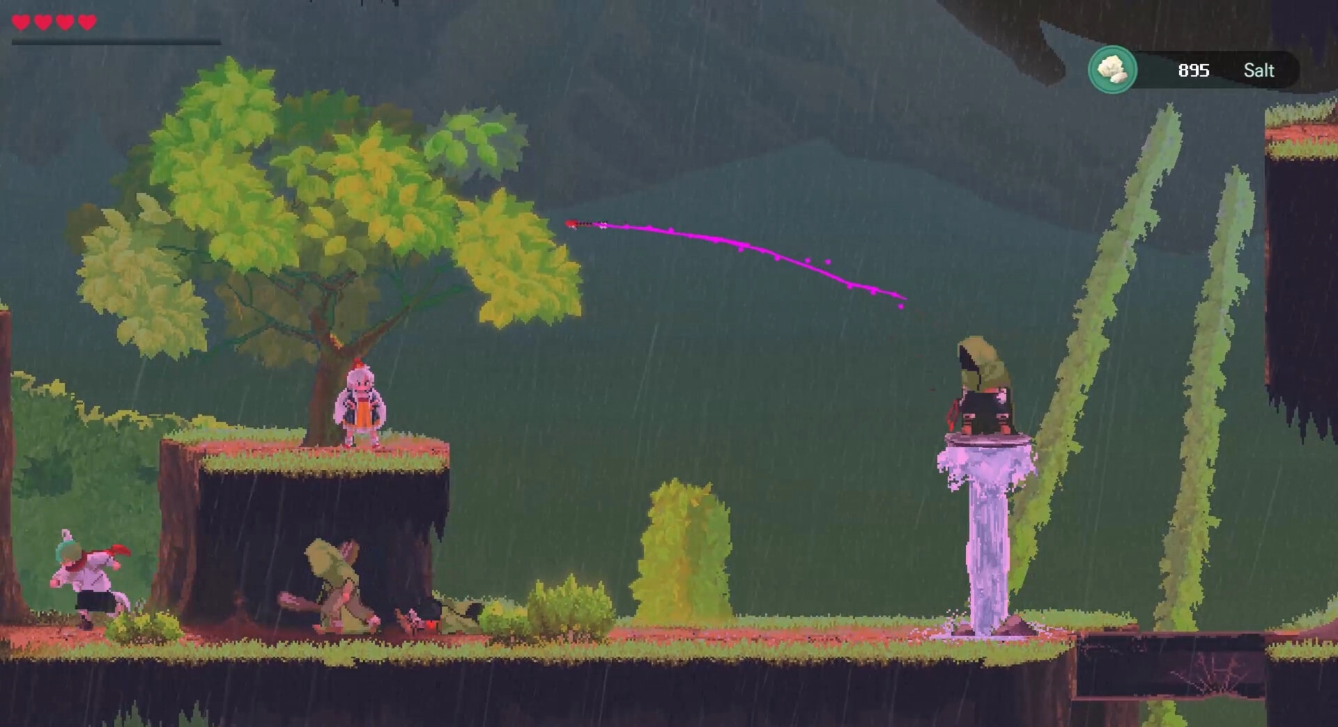 Lone Chef: Chef dodges attacks from hooded enemies in a rainy forest with heart and salt UI visible