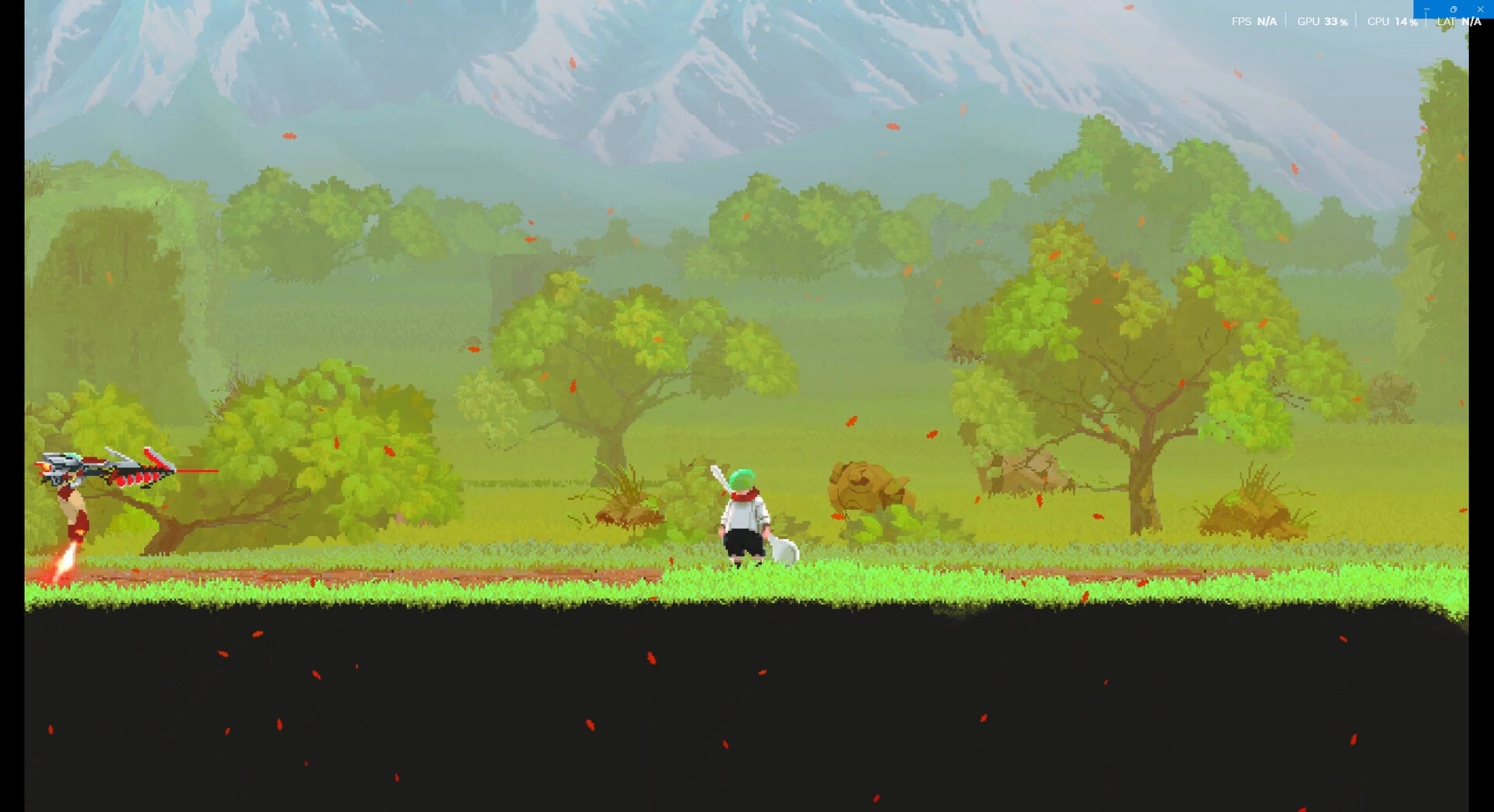 Lone Chef: Character stands in lush forest clearing, facing a mechanical enemy hovering nearby