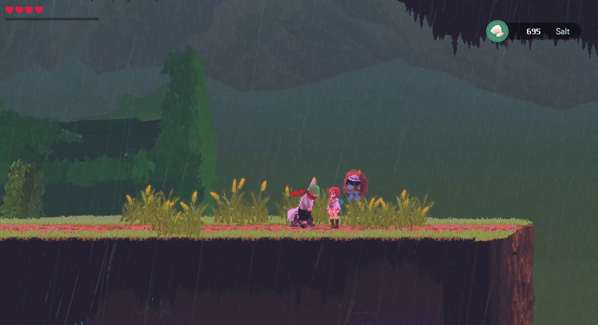Lone Chef: Two characters conversing on a rainy forest path with health and salt indicators visible.