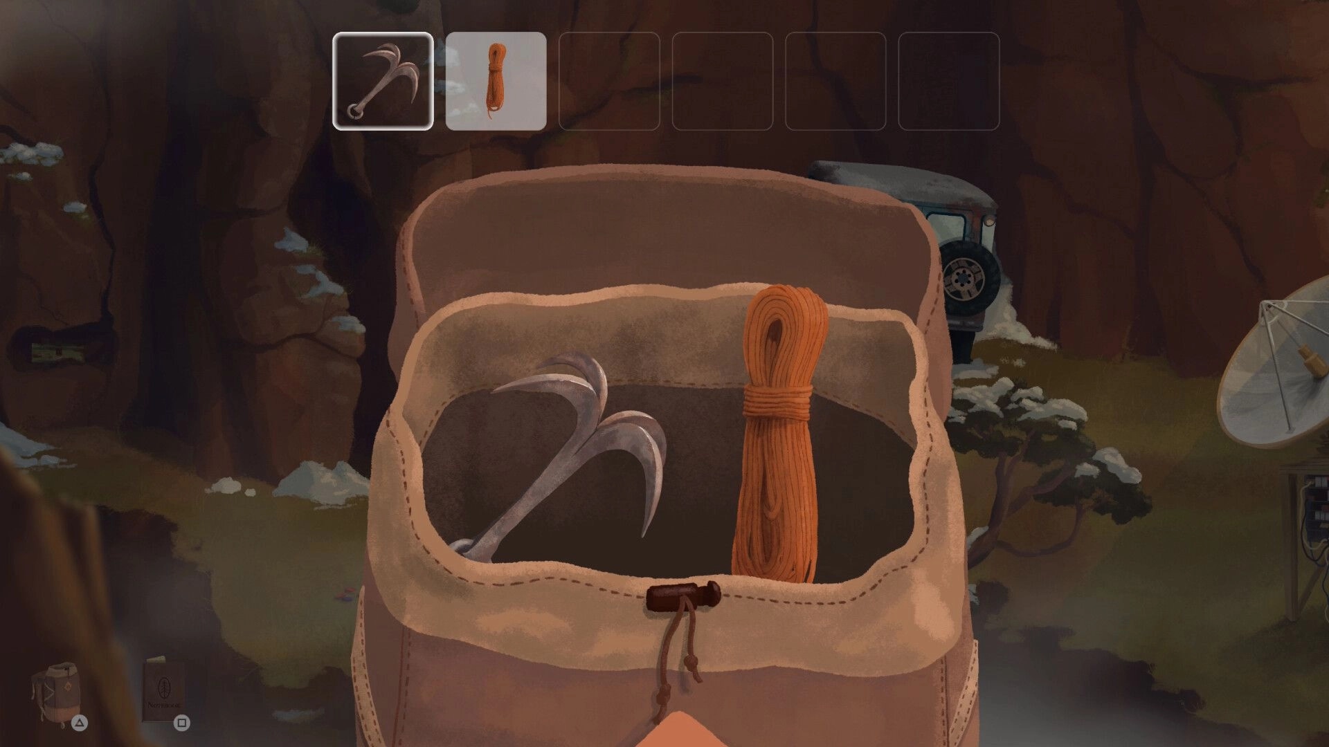 Lone Pine: Inventory open on a backpack with climbing hooks and rope, parked car by cliffs outside.
