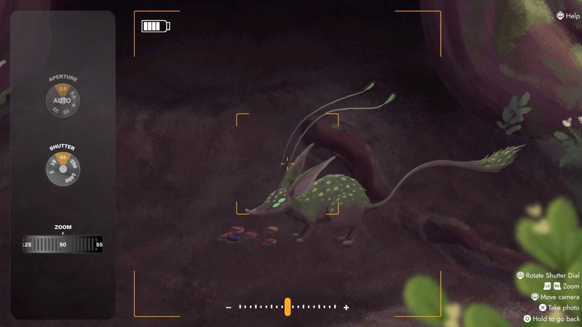 Lone Pine: Camera viewfinder targets a glowing-eyed critter in a dark forest, with aperture UI.