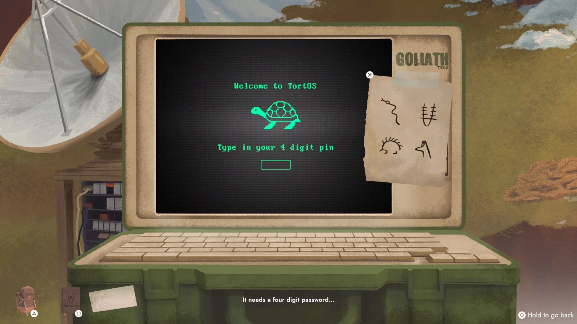 Lone Pine: Laptop login screen asks for 4-digit pin, note with symbols taped beside monitor in tent.