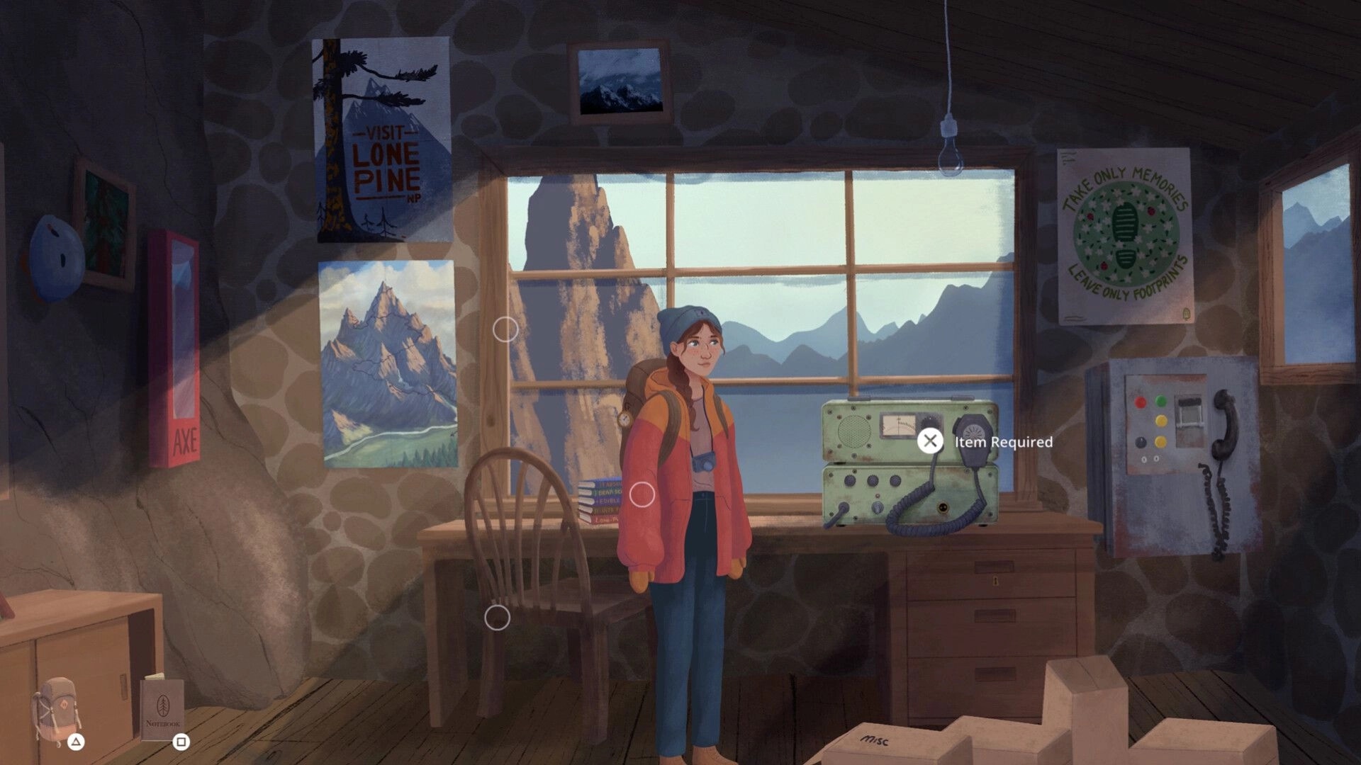 Lone Pine: Izzie by a desk radio with Item Required prompt inside a ranger cabin with mountain view.