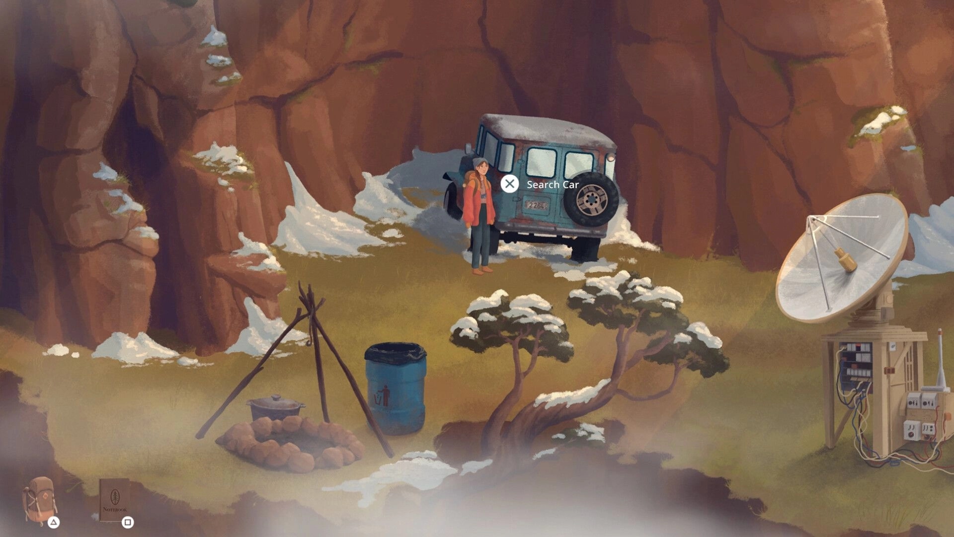 Lone Pine: Izzie stands by a jeep with “Search Car” prompt in a snowy canyon camp by satellite dish.