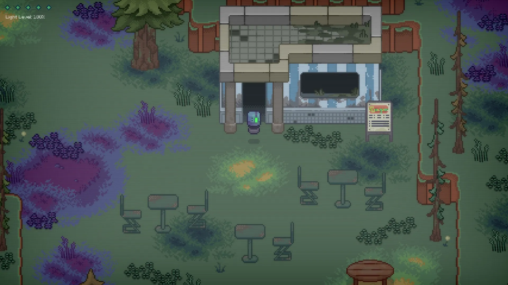 Lonelight: Player character stands before an abandoned building in a forest with light meters visible