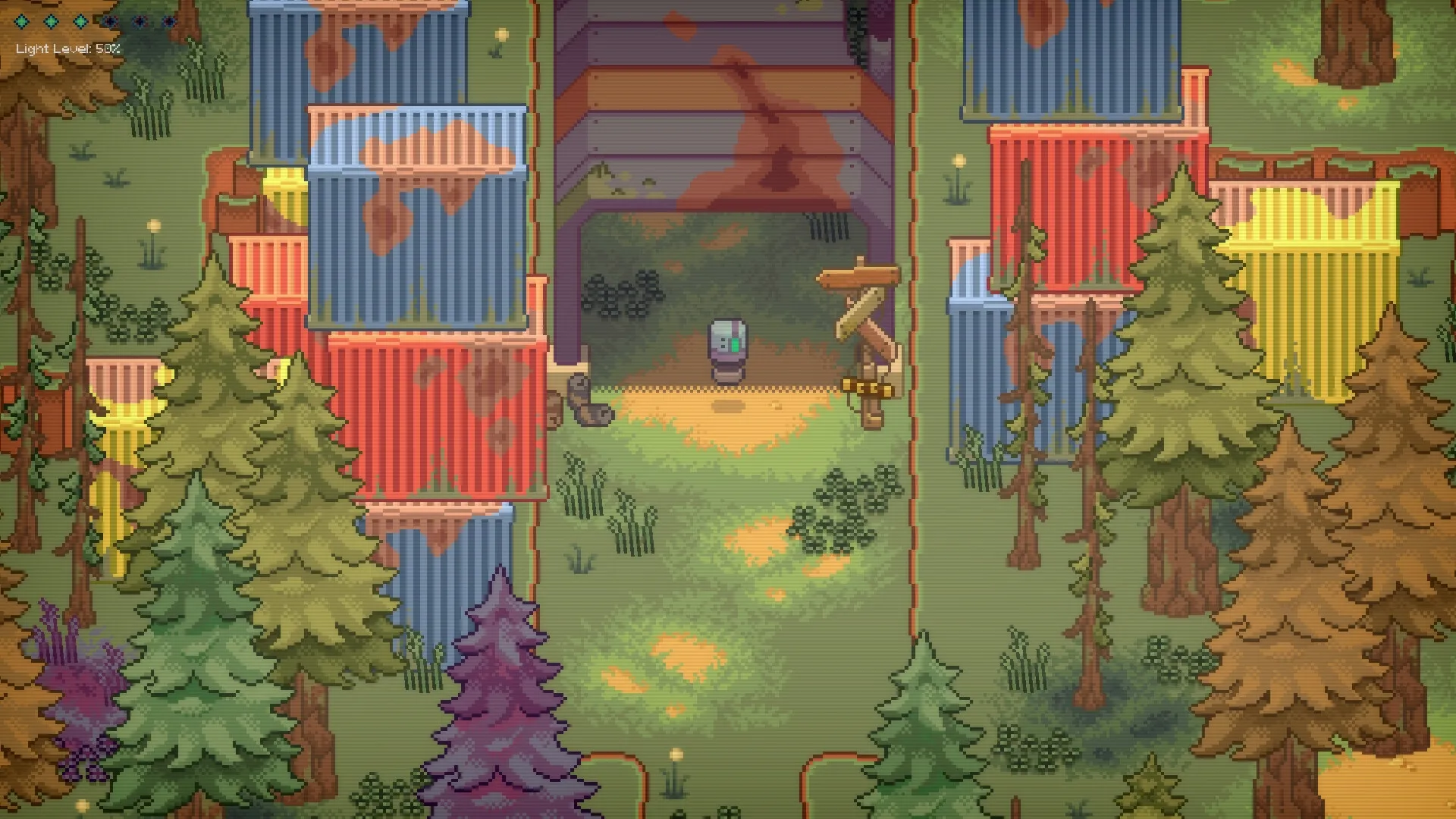 Lonelight: Player character walks through forest path between colorful shipping containers and trees