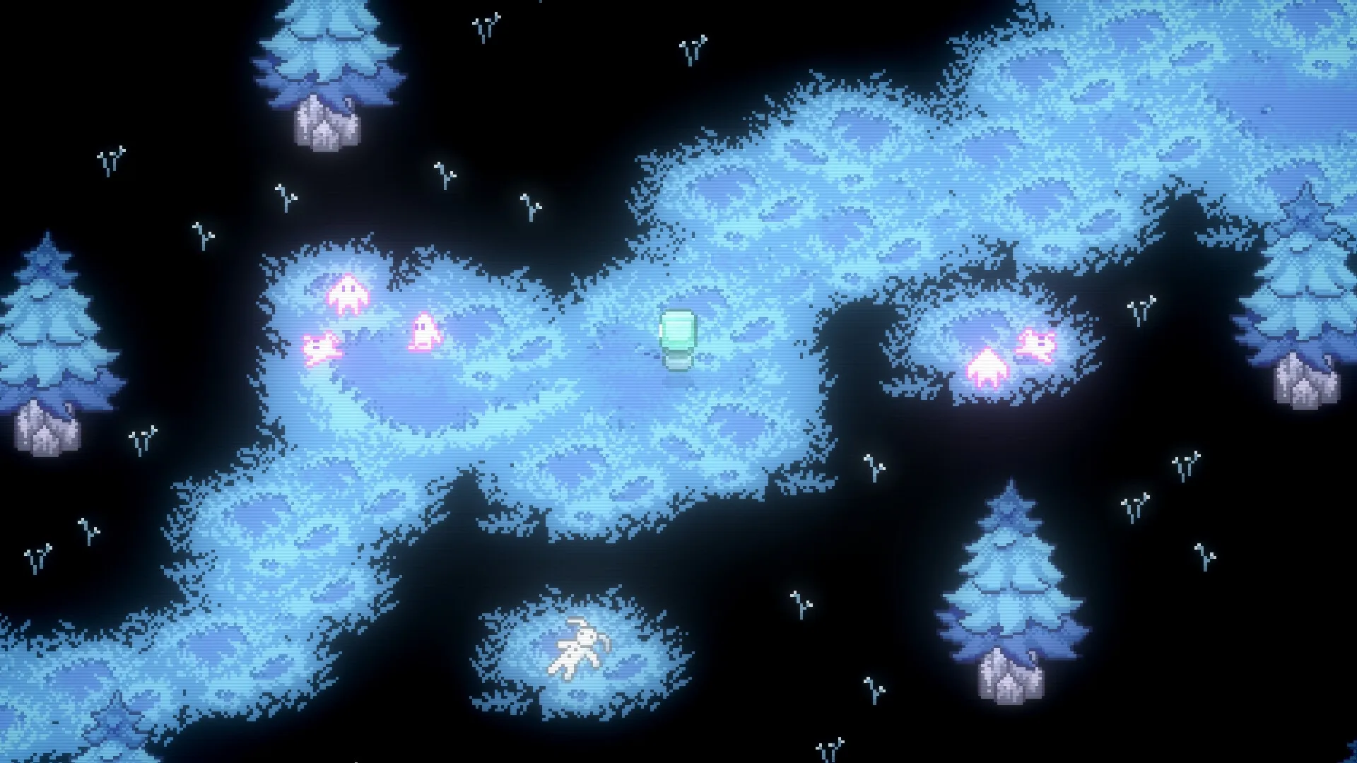 Lonelight: Character navigates icy forest path with glowing creatures around frozen trees
