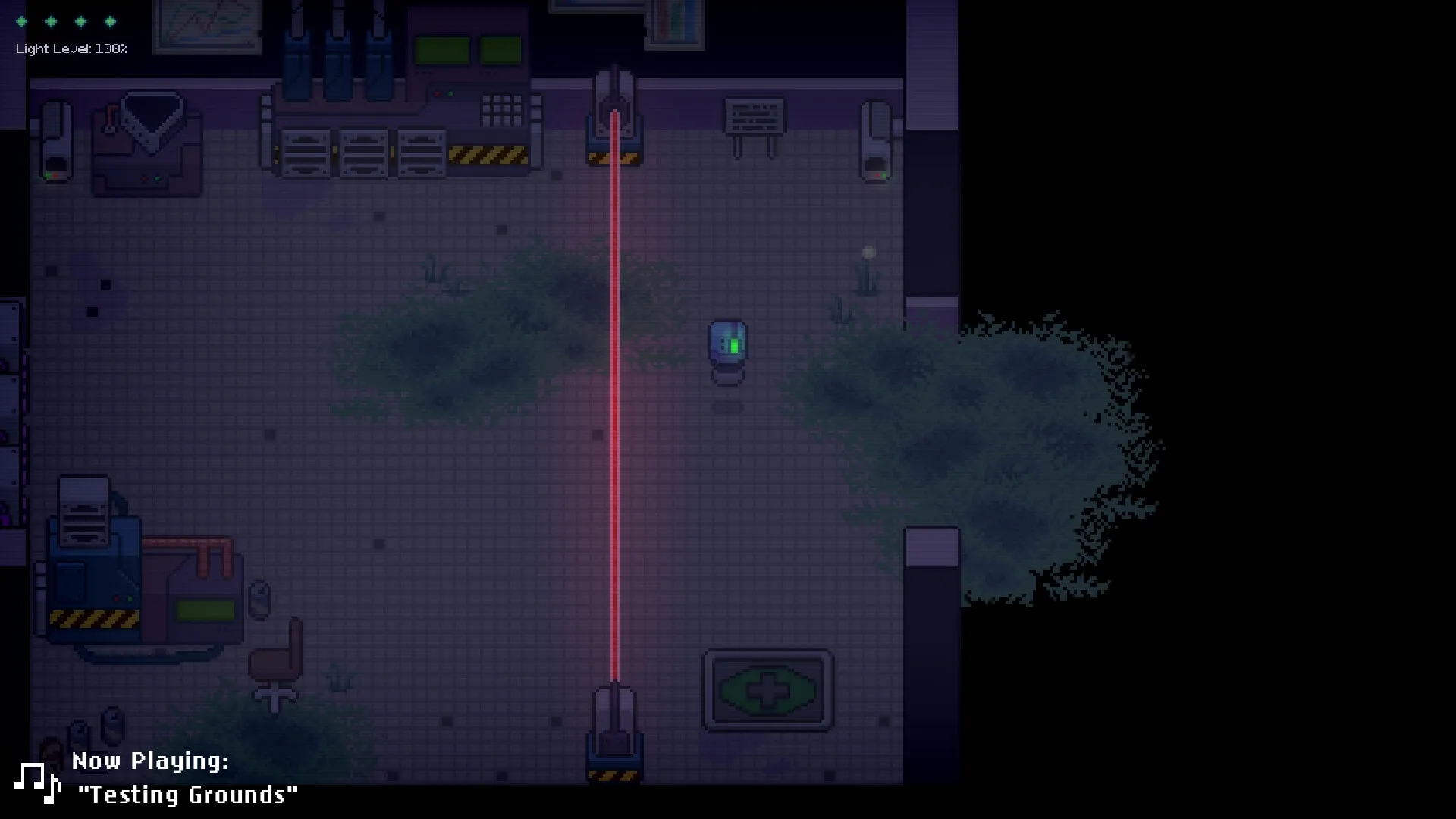 Lonelight: Player navigates a dimly lit lab, avoiding a red laser in a futuristic setting.