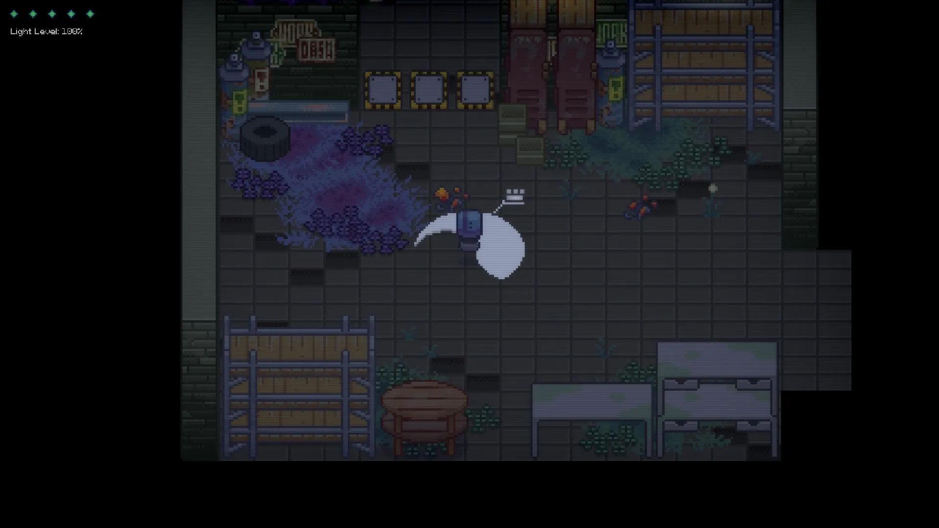 Lonelight: Character battles enemies in a dimly lit industrial area with purple foliage and debris.