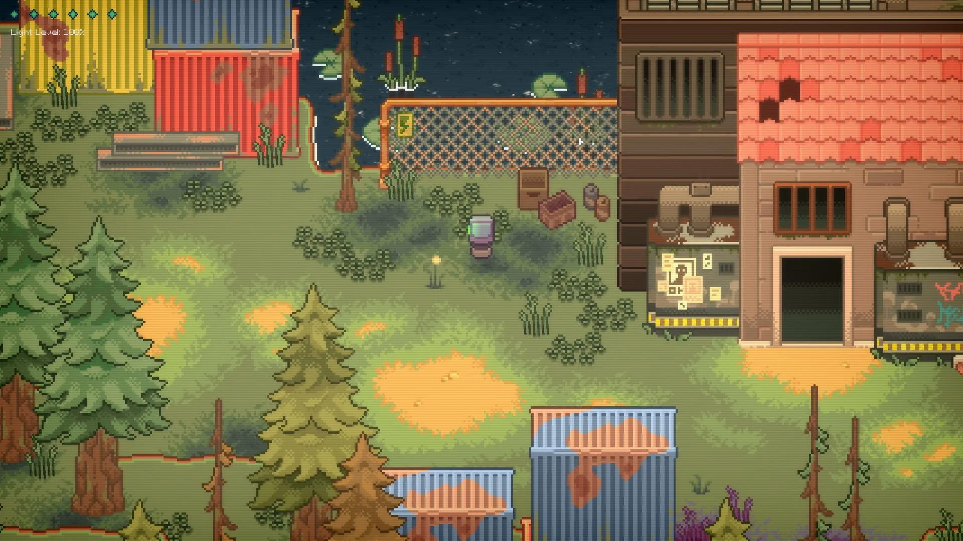Lonelight: Player explores grassy area with containers and building next to a lake, light level 100%
