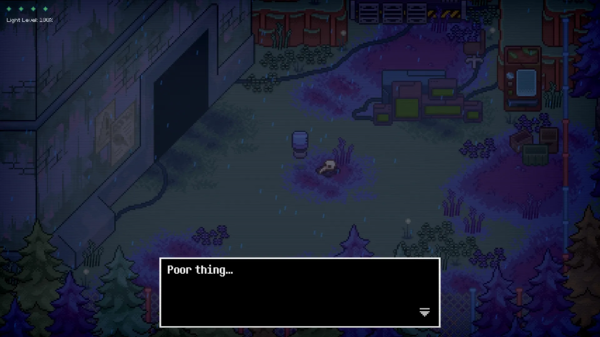 Lonelight: Player stands near skeleton in a rainy, overgrown courtyard with dialogue box displayed