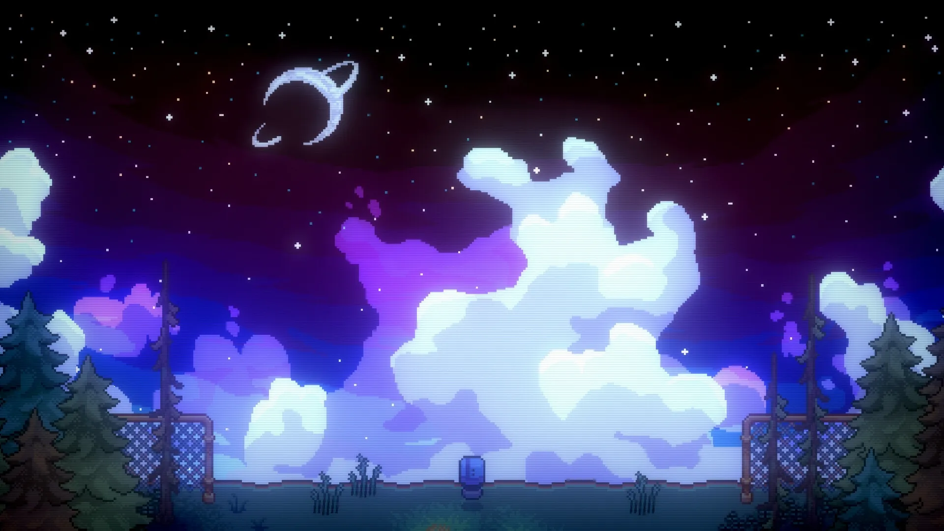 Lonelight: Lone figure gazes at starry night sky and distant planet, surrounded by trees and clouds