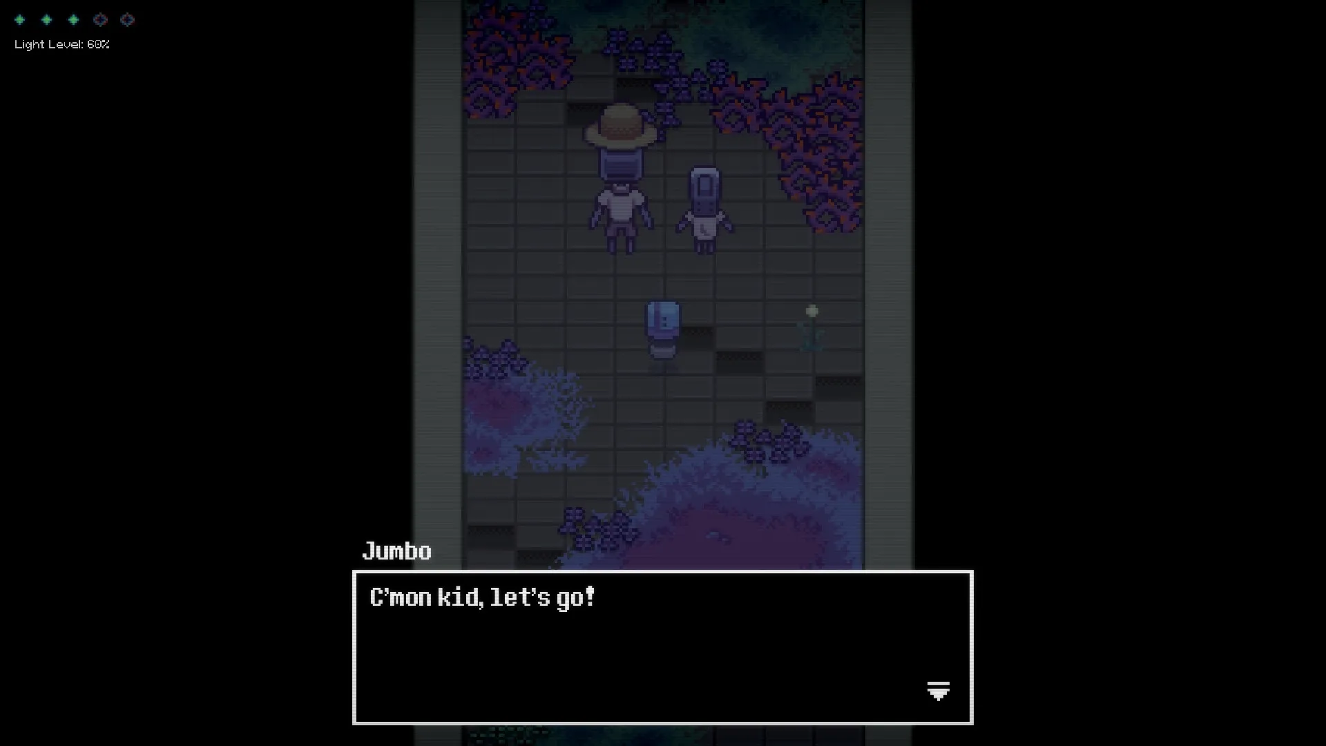 Lonelight: Jumbo and companion explore a tiled path surrounded by purple flora, light level at 60%