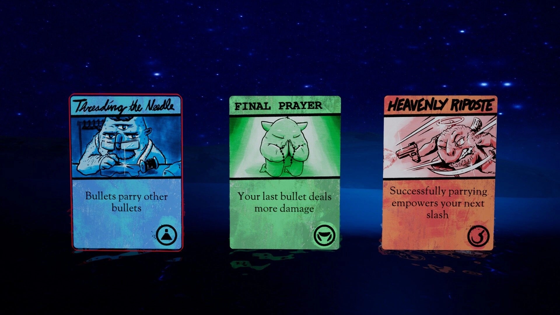 Longjuice Squeeze: Three ability cards displayed against a starry night sky background