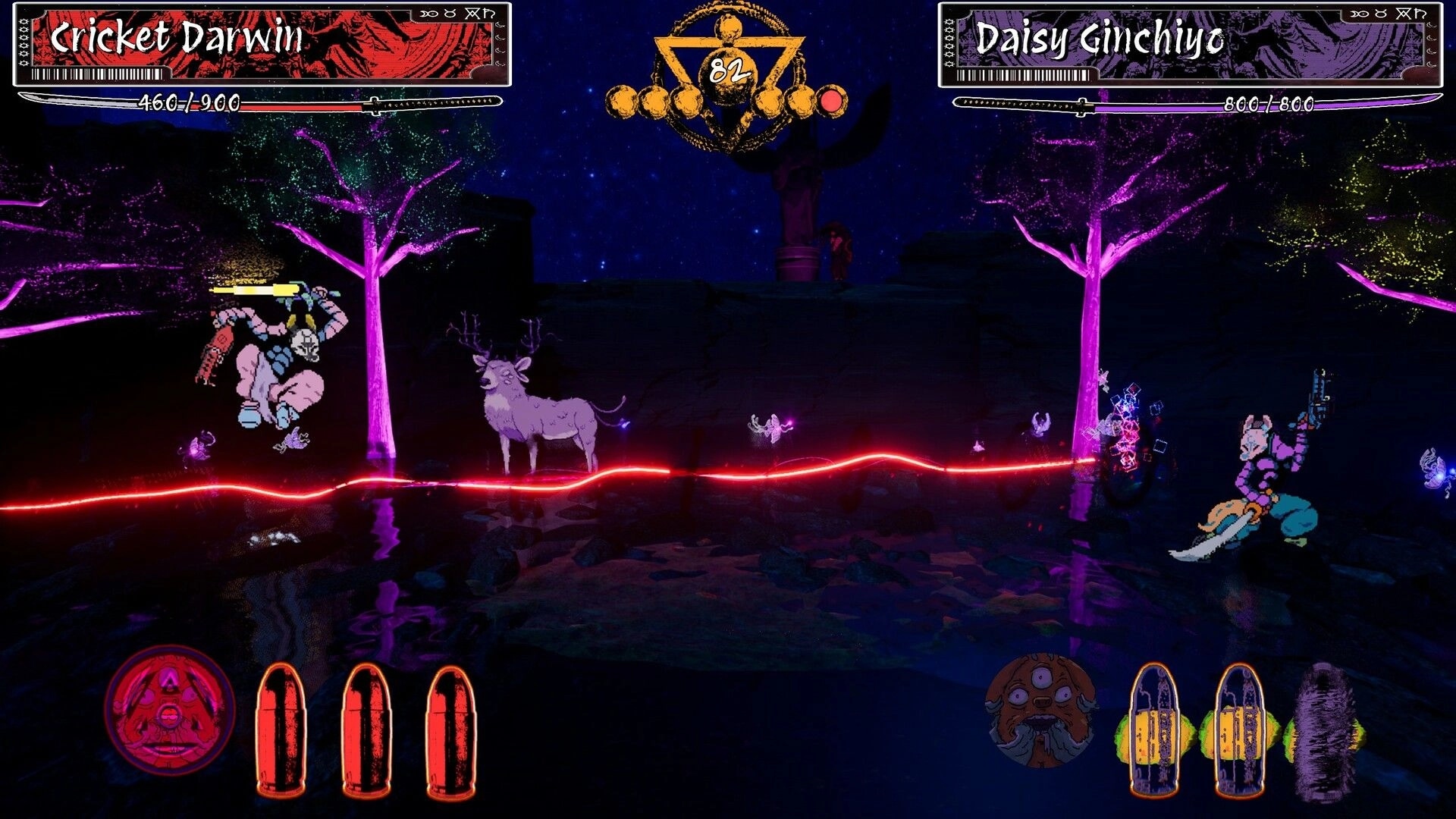 Longjuice Squeeze: Cricket Darwin jumps over red laser in nocturnal forest duel with Daisy Ginchiyo