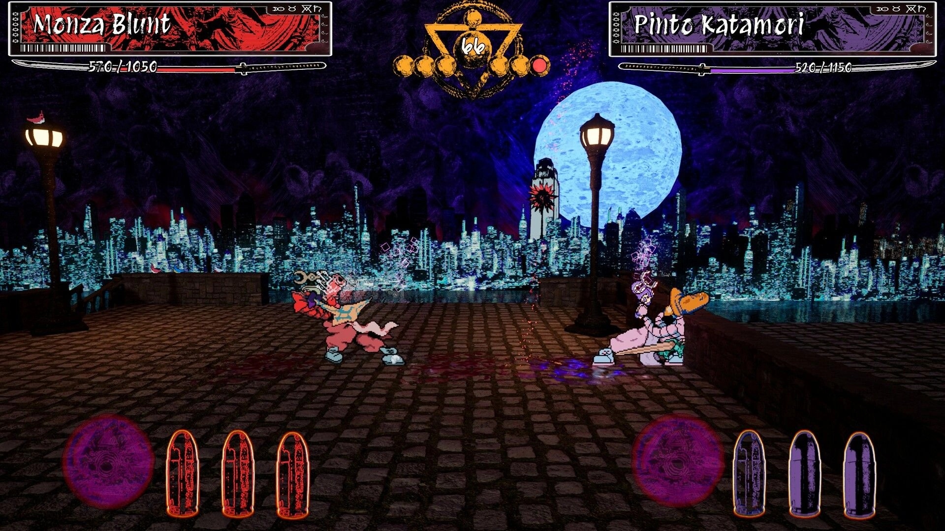 Longjuice Squeeze: Monza Blunt and Pinto Katamori battle on cobblestone bridge under a glowing moon.