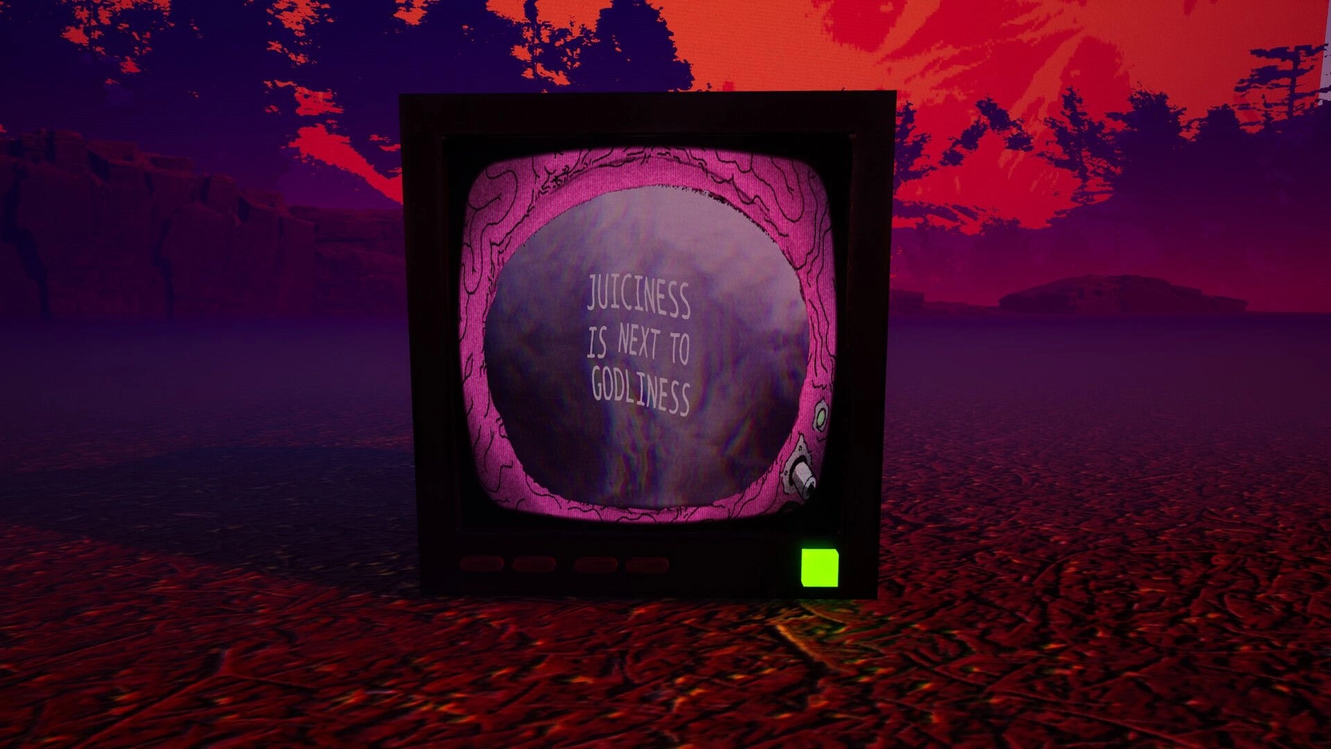Longjuice Squeeze: Vintage TV with "Juiciness is Next to Godliness" text in neon-lit desert setting