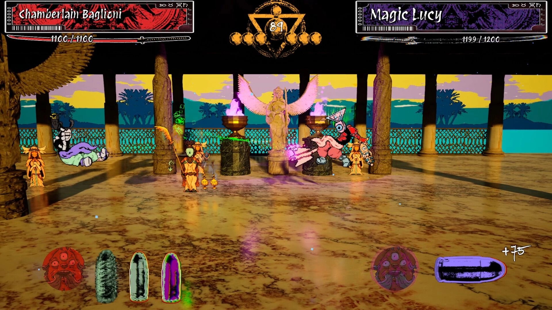 Longjuice Squeeze: Chamberlain Baglioni fights Magic Lucy in a temple with vibrant sunset backdrop